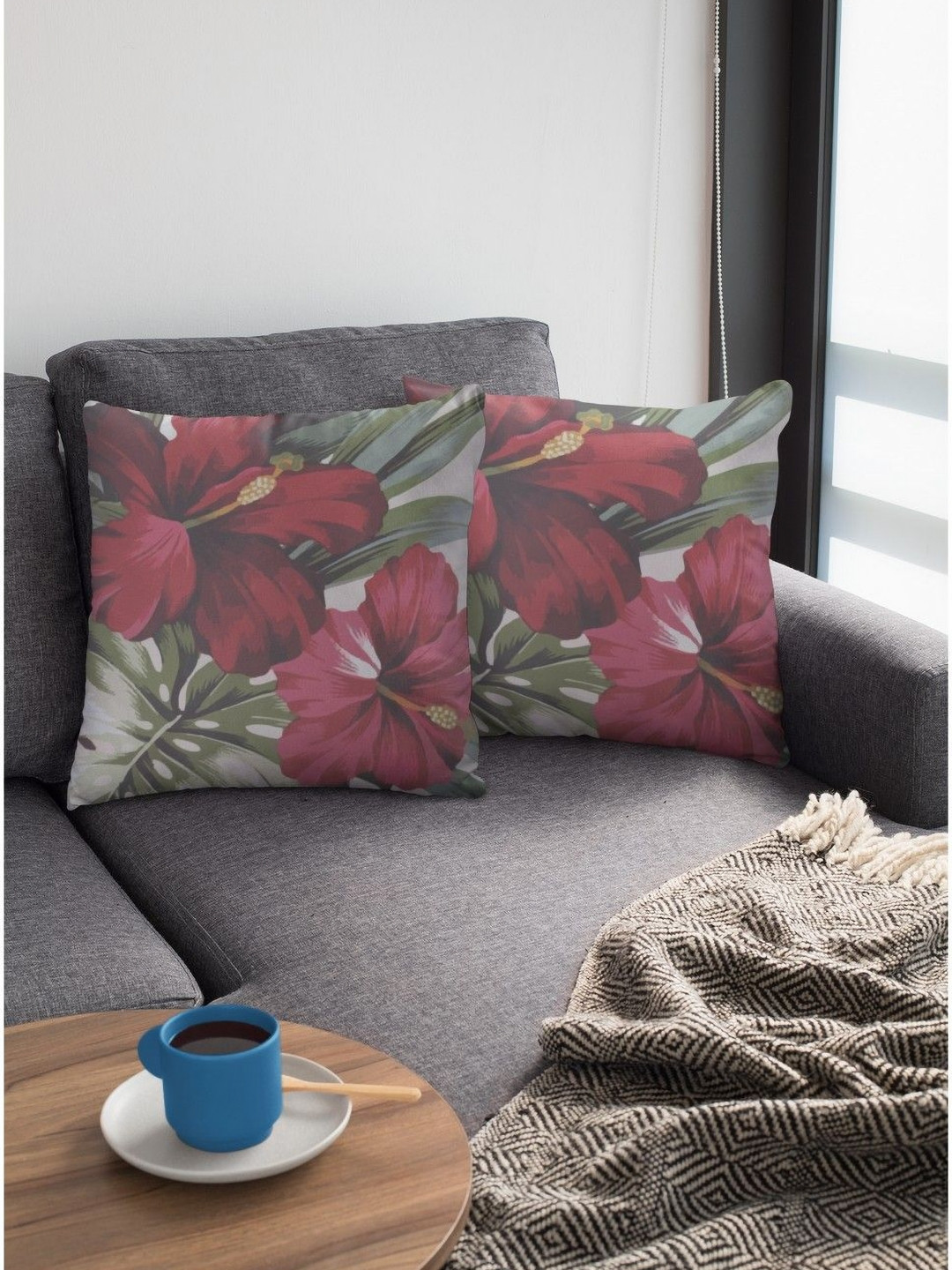 THEYAYACAFE Floral Red Velvet Washable 2 Piece Square Cushion Covers -24x24In