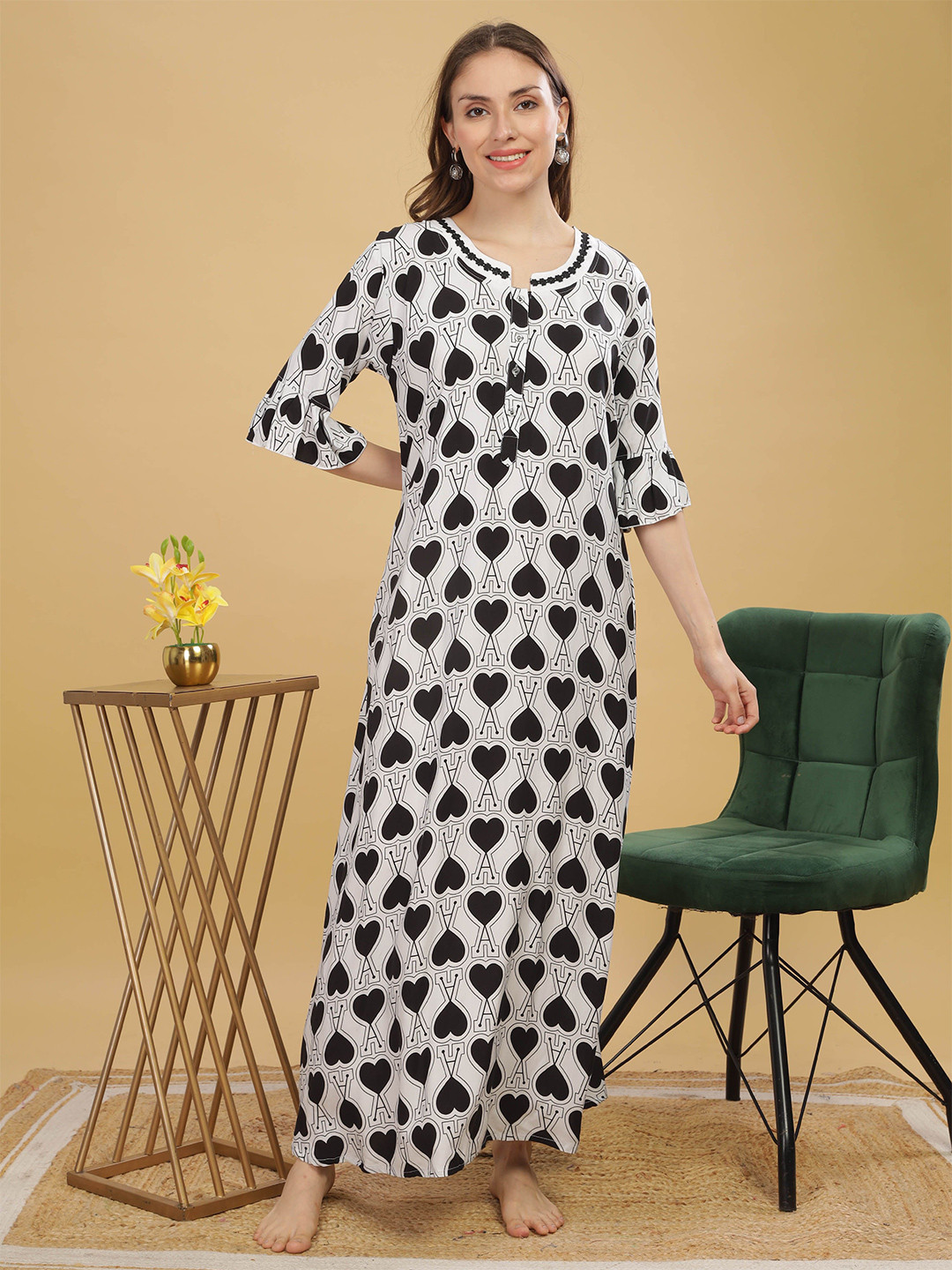 9shines Label White soft Rayon Heart Print Nightgown