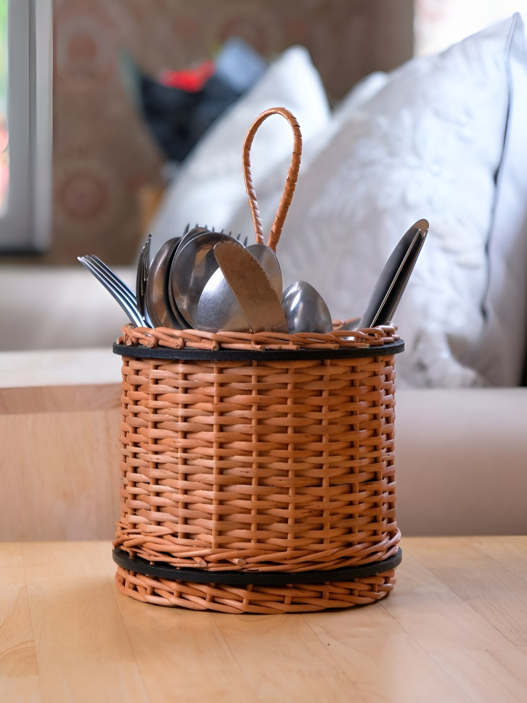 Peepul Tree Brown & Black Wooden Textured Wicker Cutlery Holder