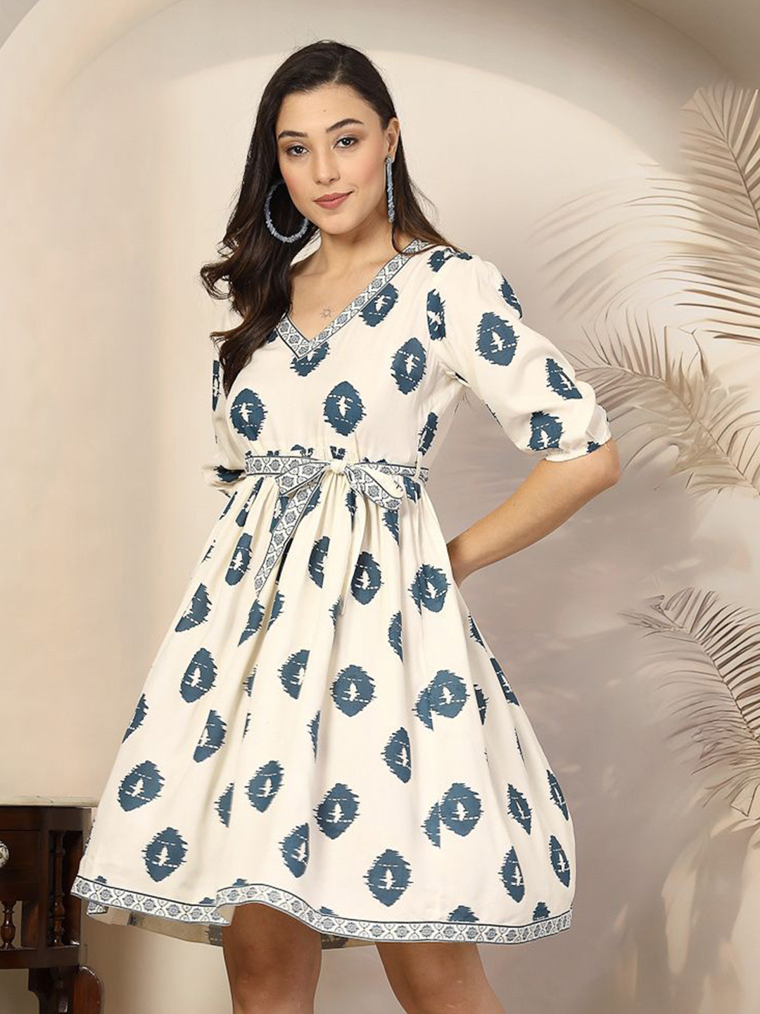 Stylum Women's Bohemian Print Puff Sleeve Fit & Flare Dress