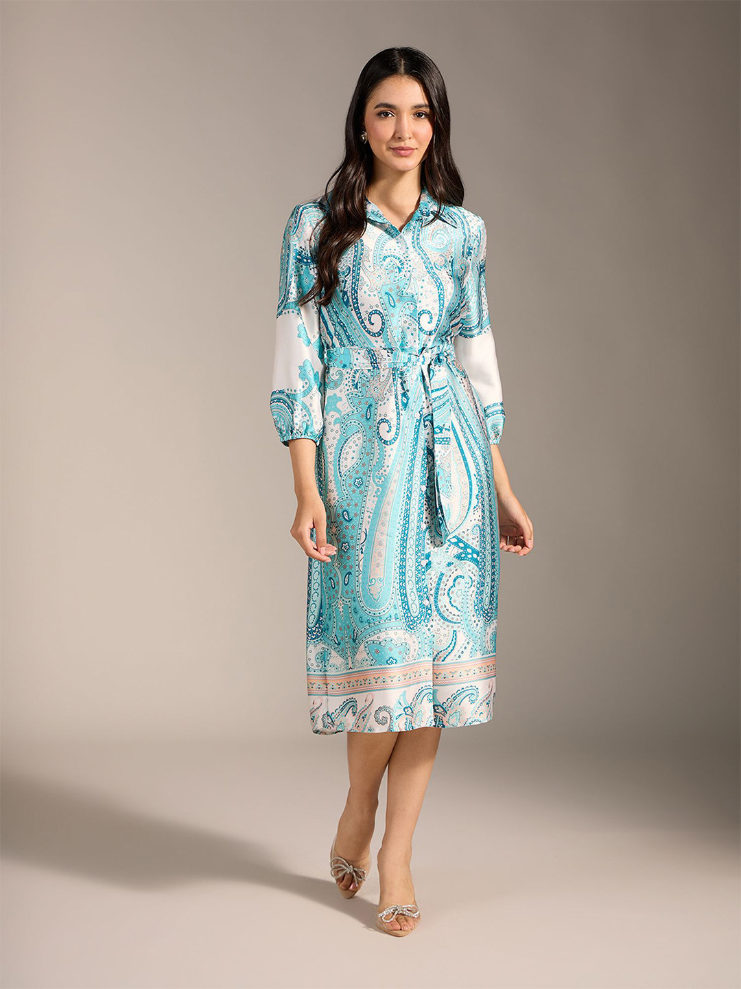 20Dresses Floral Print Puff Sleeve Satin Sheath Midi Dress