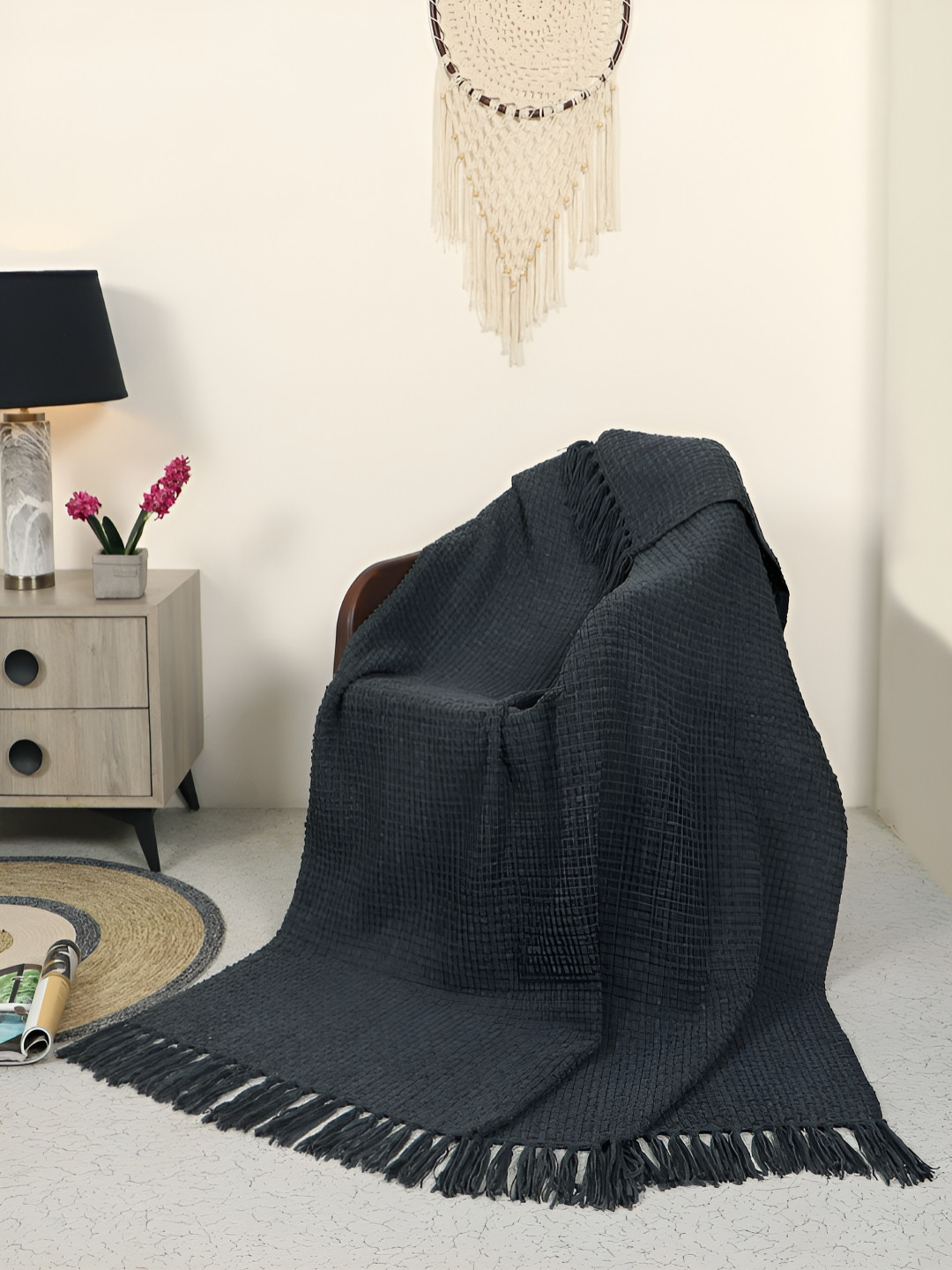 BELLA TRUE Black Self Design Breathable Cotton Chenille Throws
