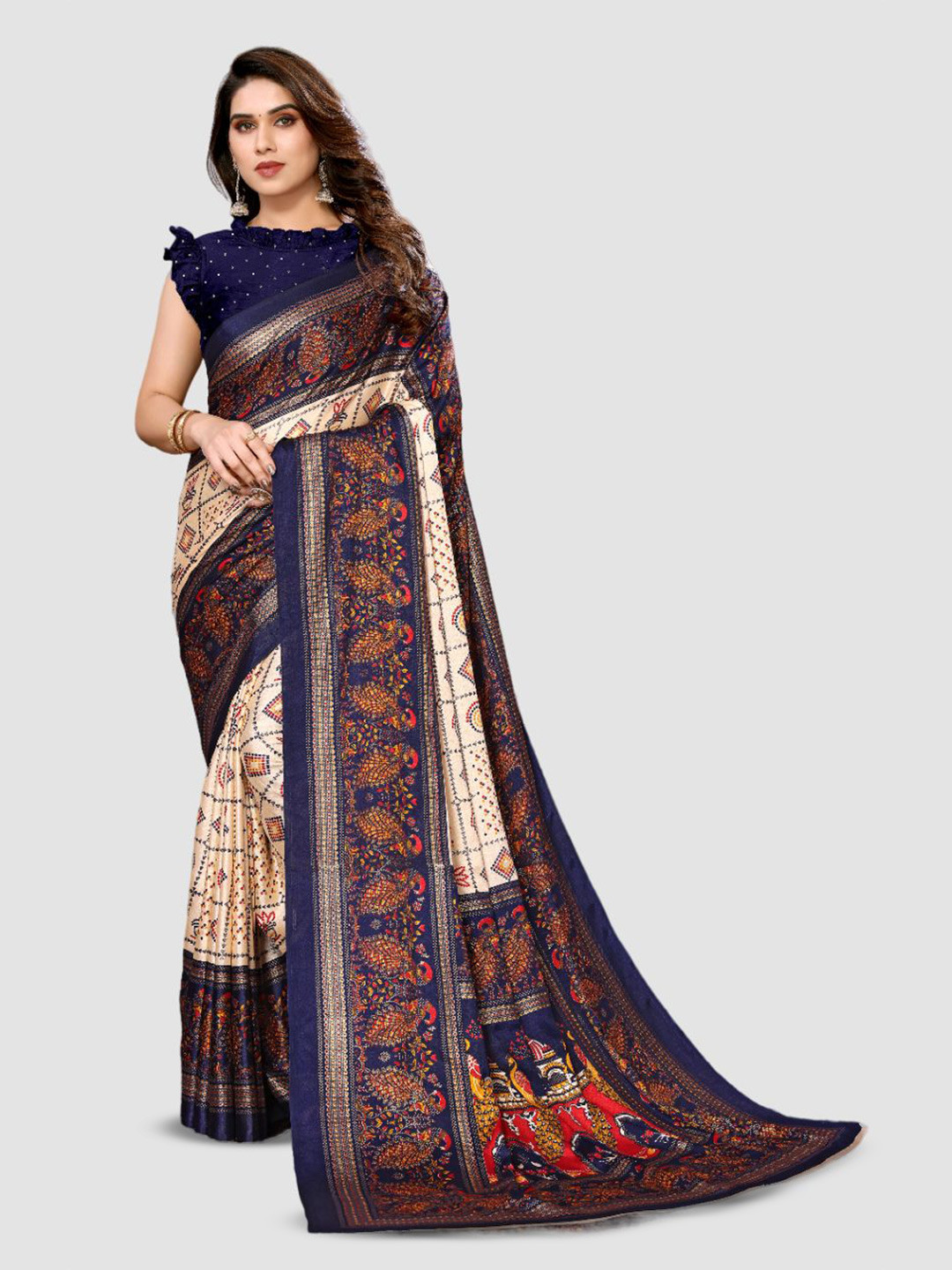 sareyavella Ajrak Block Printed Maheshwari Saree