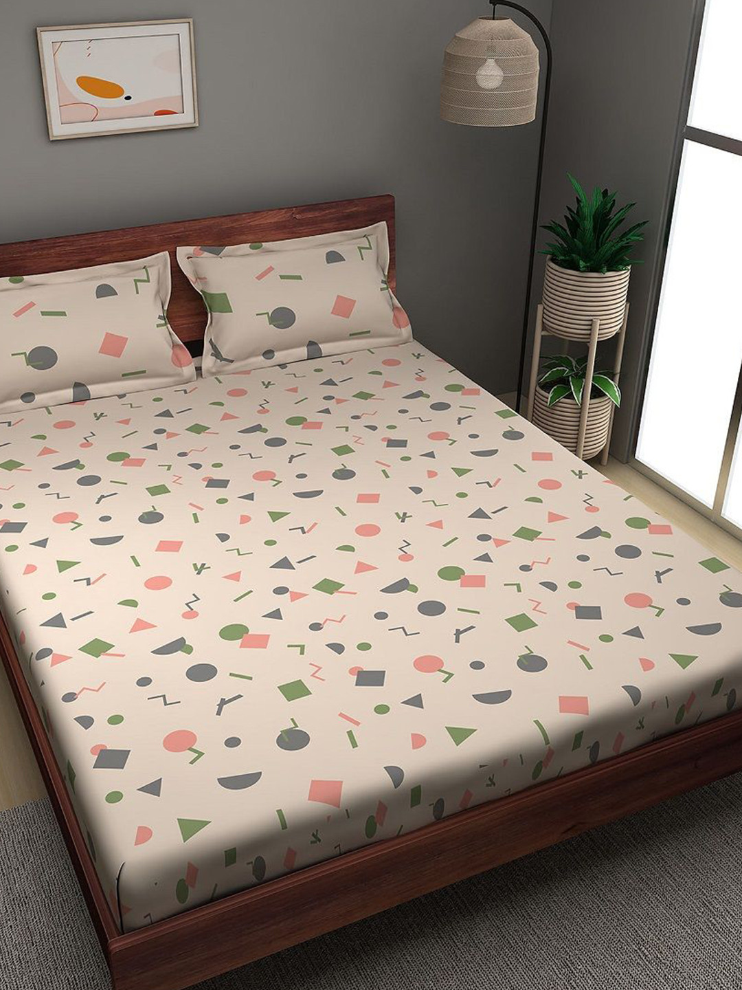 Sleepyhead Confetti Off White Geometric Pure Cotton 180 TC Queen Fine Bedsheet with 2 Pillow Covers-228 x 254 cm