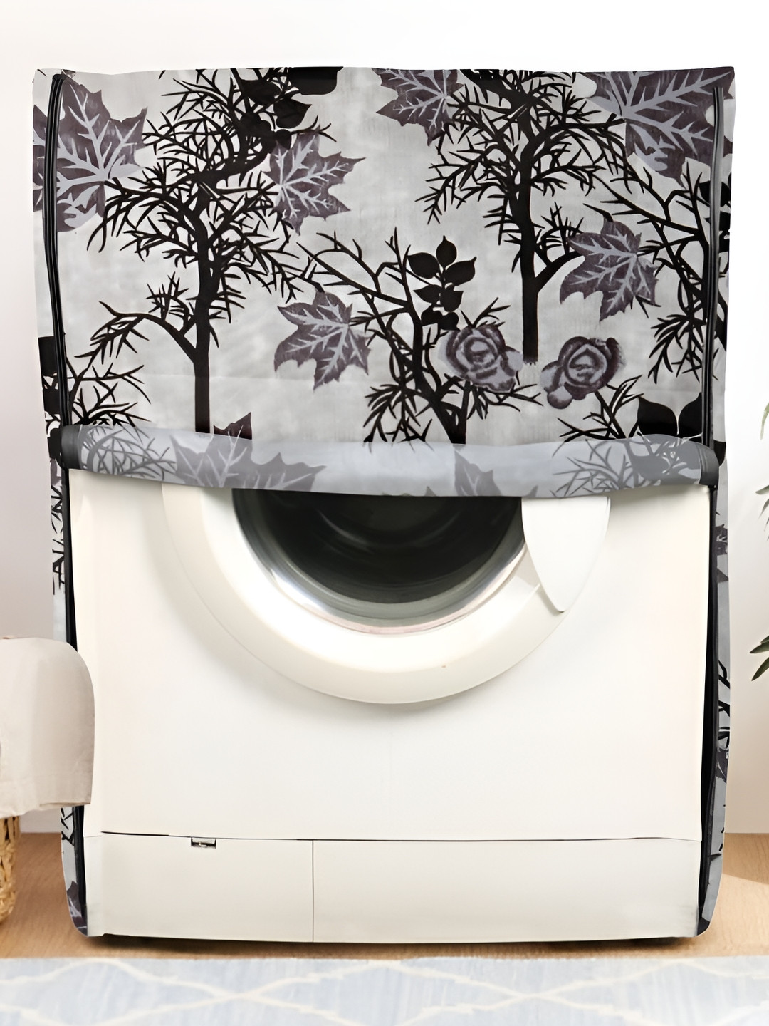 LooMantha Black Printed Washing Machine Cover