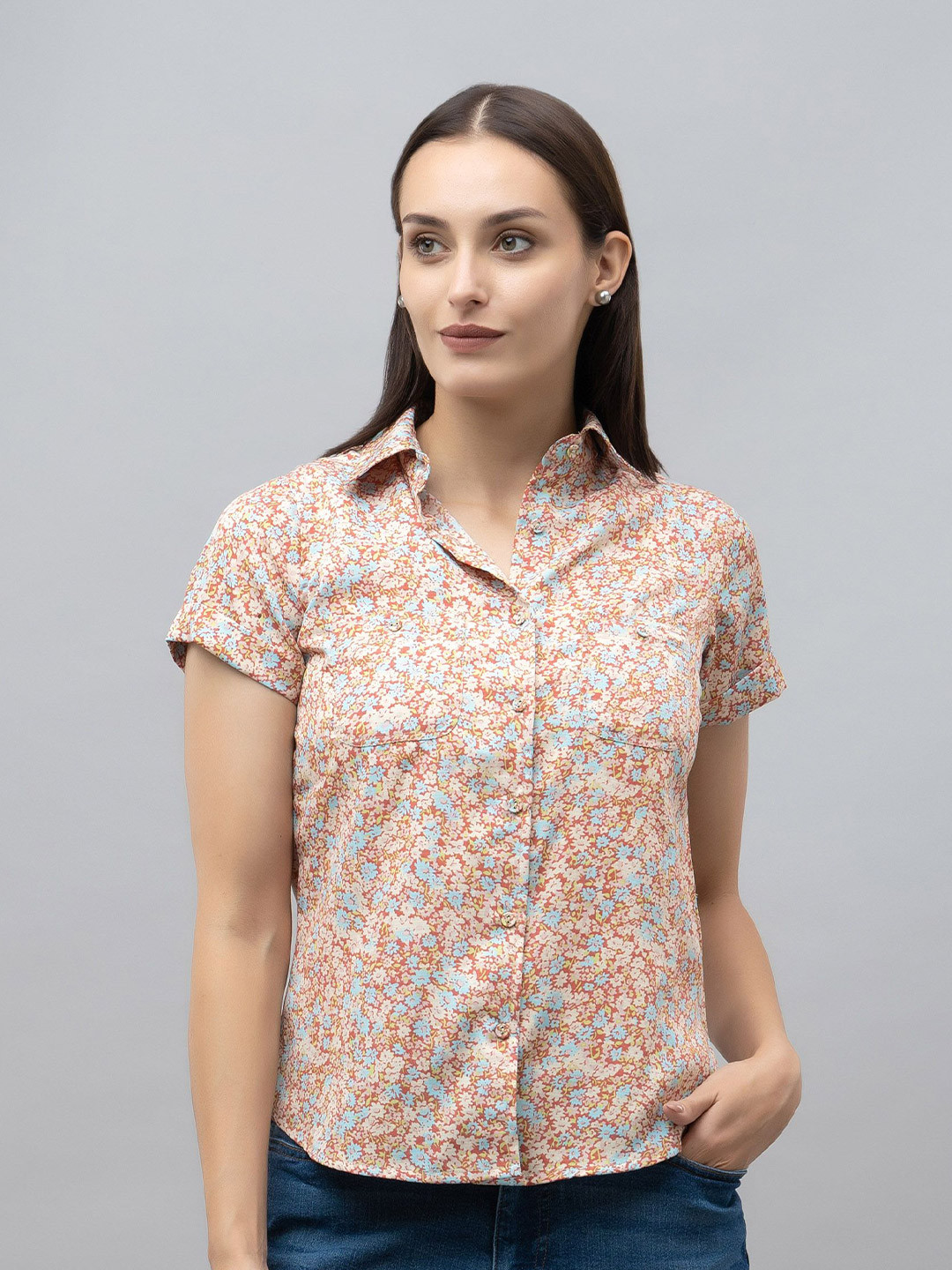 PURYS Women Standard Spread Collar Floral Printed Casual Shirt