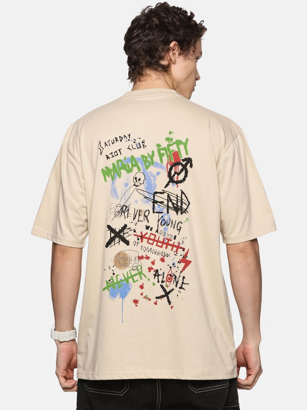 THIRD QUADRANT Men Typography Printed Round Neck Cotton Oversized T-shirt