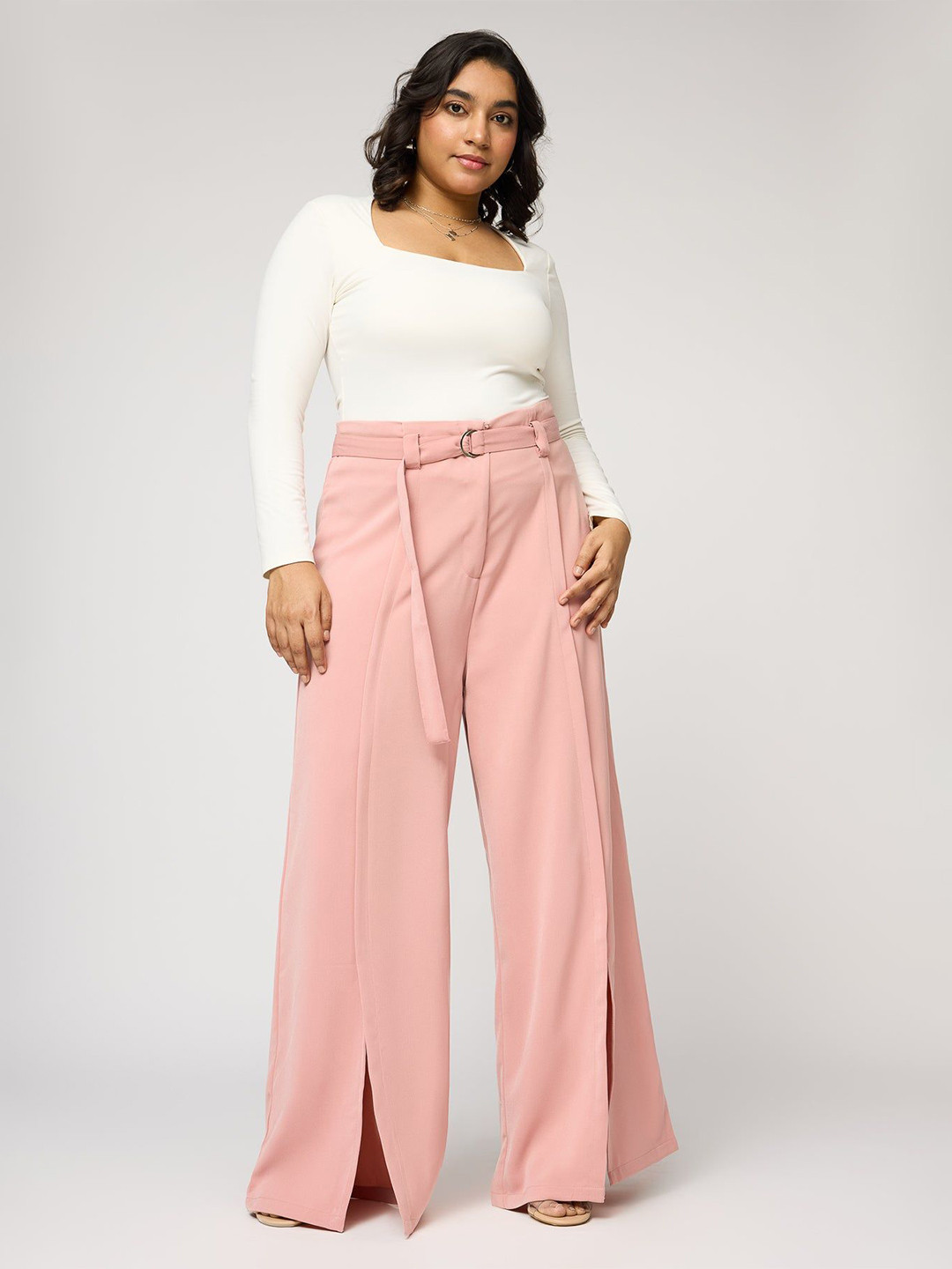 FREAKINS Women Curve Belted Flared Korean Pant