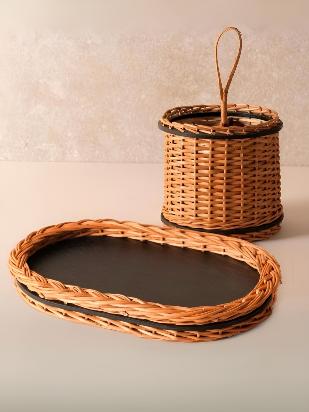 Peepul Tree 2Pcs Textured Wicker Serving Tray & Cutlery Holder Combo