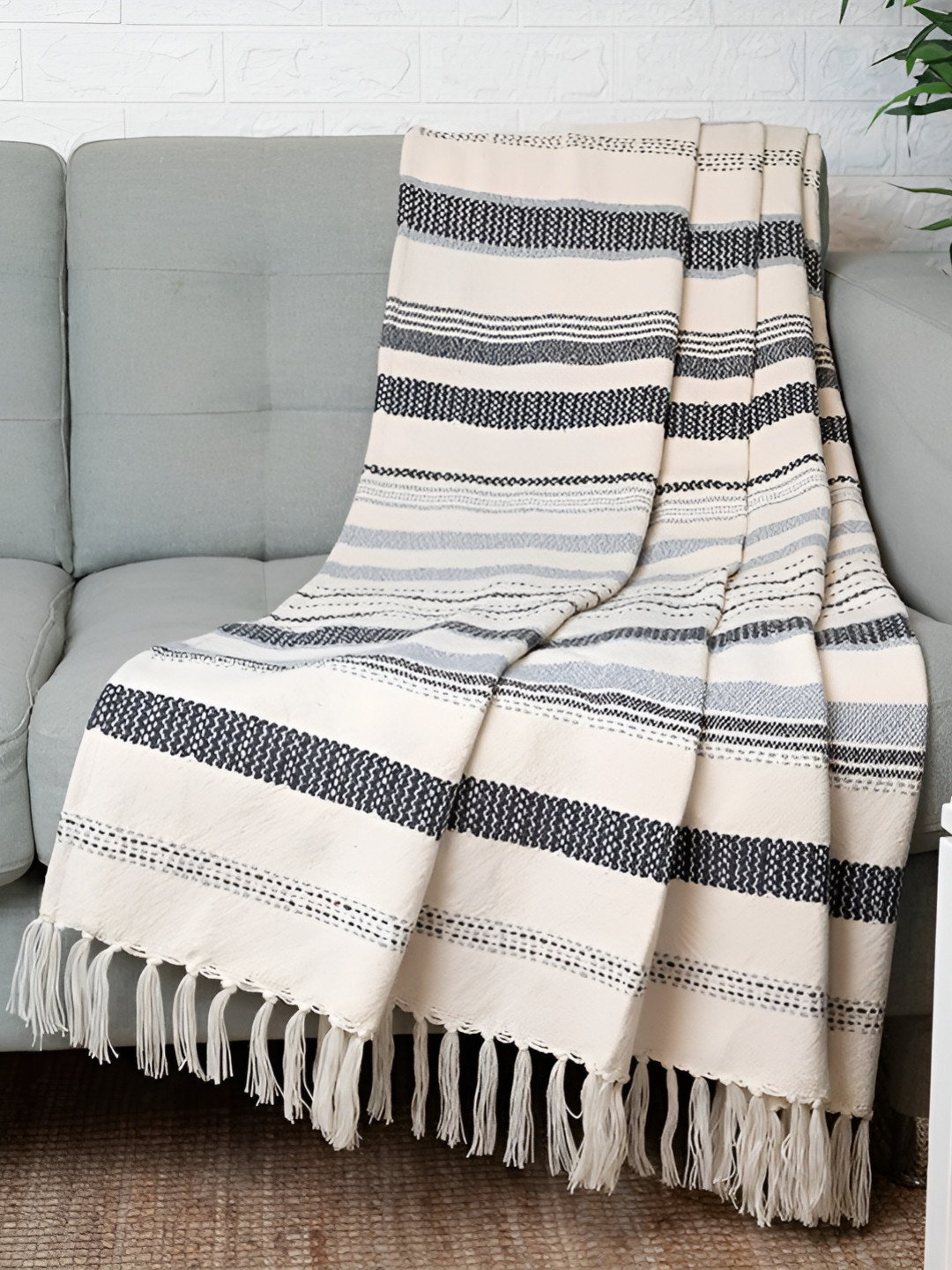 BELLA TRUE Beige Colored & Black Striped Cotton Throws