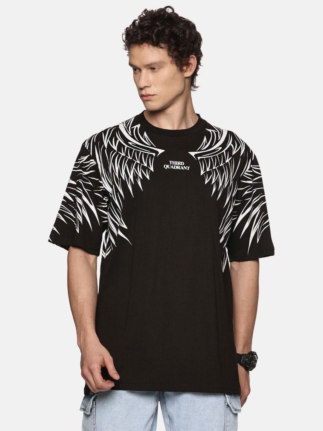 THIRD QUADRANT Men Abstract Printed Round Neck Cotton Oversized T-shirt