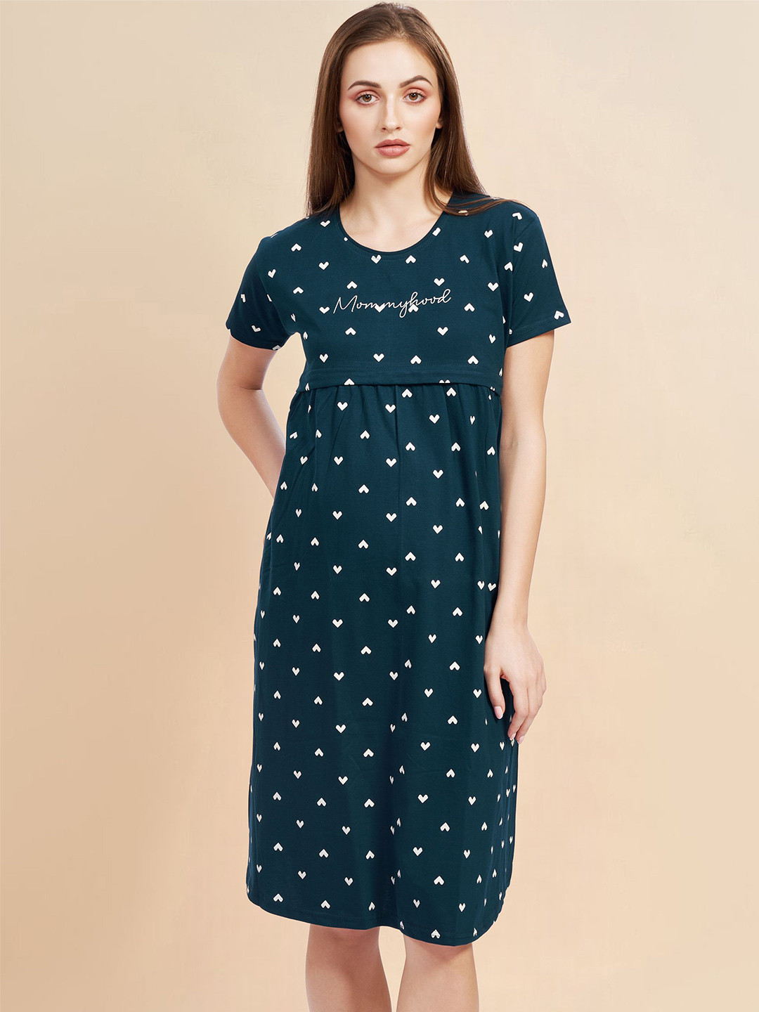 PASTEL CLIP Heart Printed Pure Cotton Maternity T-Shirt Nightdress