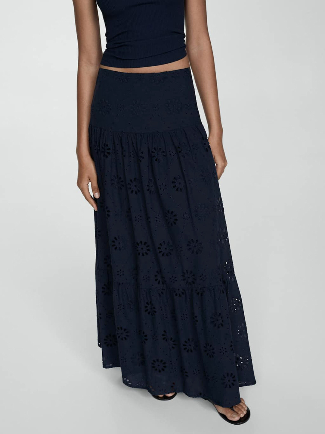 MANGO Schiffli Pure Cotton Flared Maxi Dress