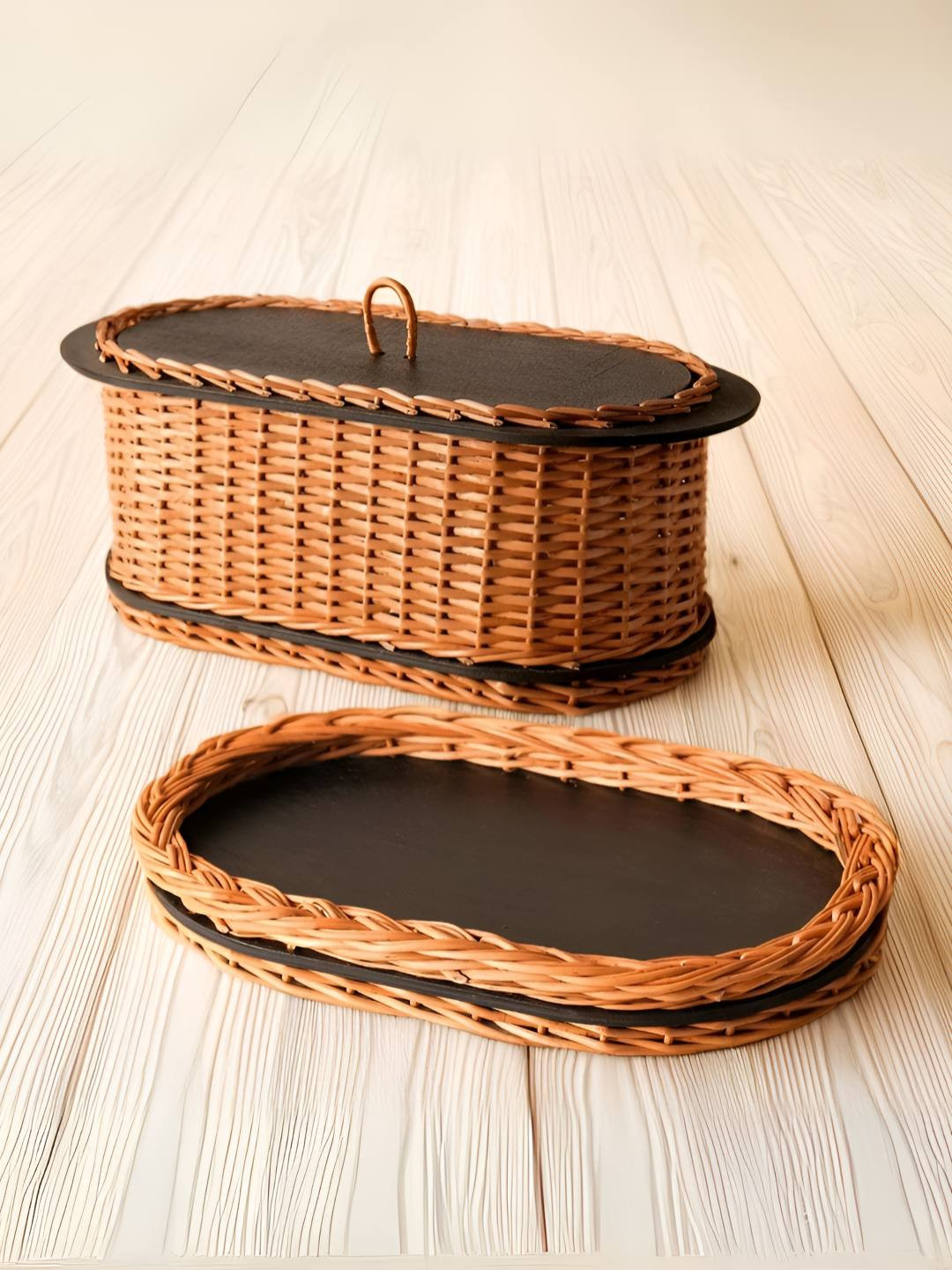 Peepul Tree 2Pcs Wicker Bread Box & Serving Tray Combo