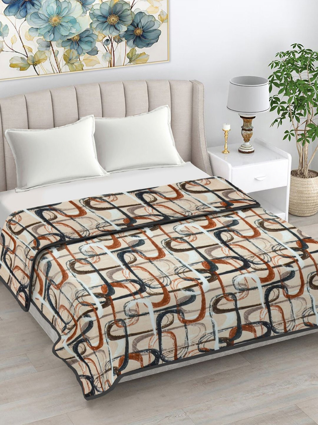FABINALIV Beige & White Abstract Print 230 GSM Ultra Soft Double Bed AC Blanket