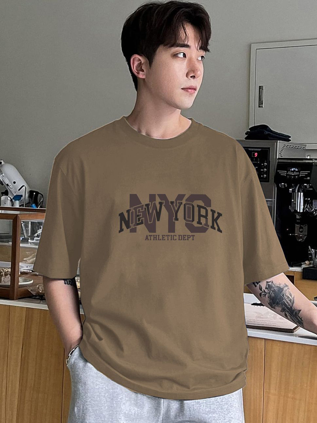 CLAFOUTIS Men Typography Printed Drop-Shoulder Sleeves Cotton Applique T-shirt