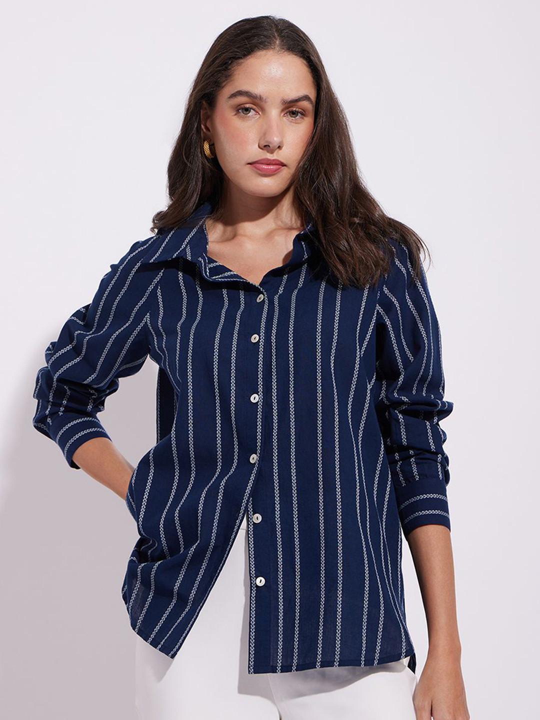 Pink Fort Women Vertical Striped Shirt Collar Cotton Top