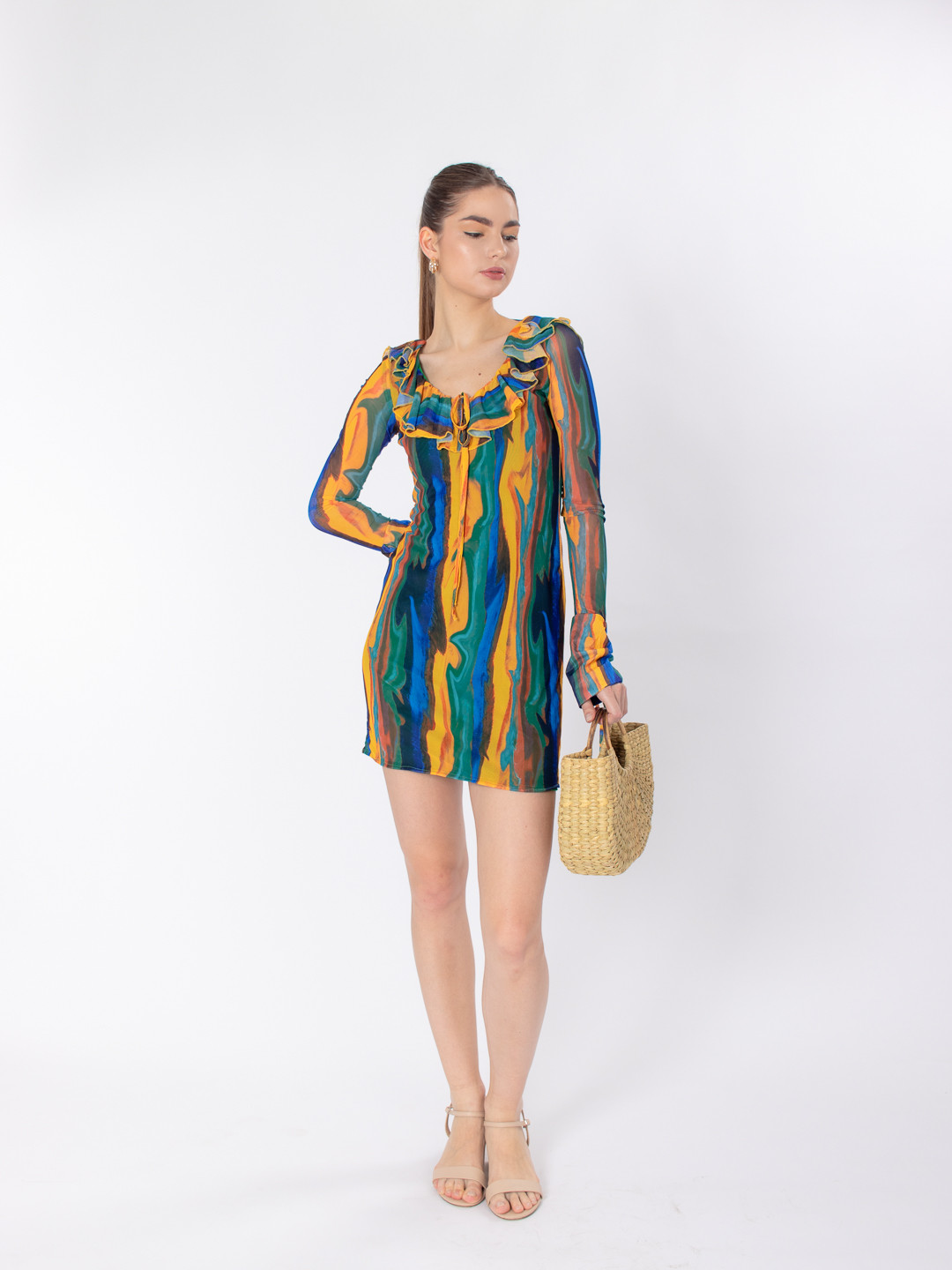 Stylecast X Hersheinbox Printed Tie-Up Neck Ruffled Sheath Mini Dress
