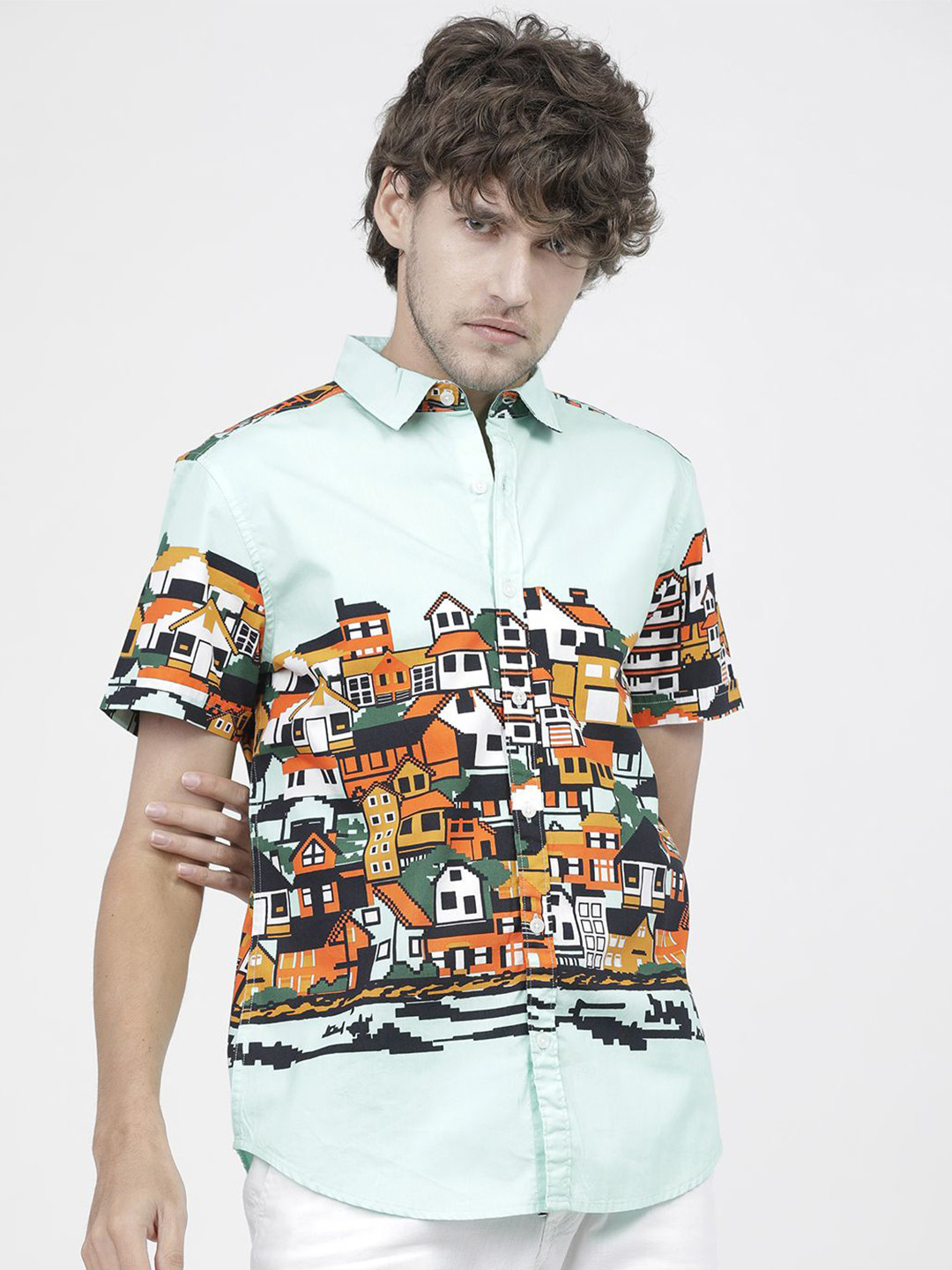 Highlander Mens Mint Printed Slim Fit Shirt