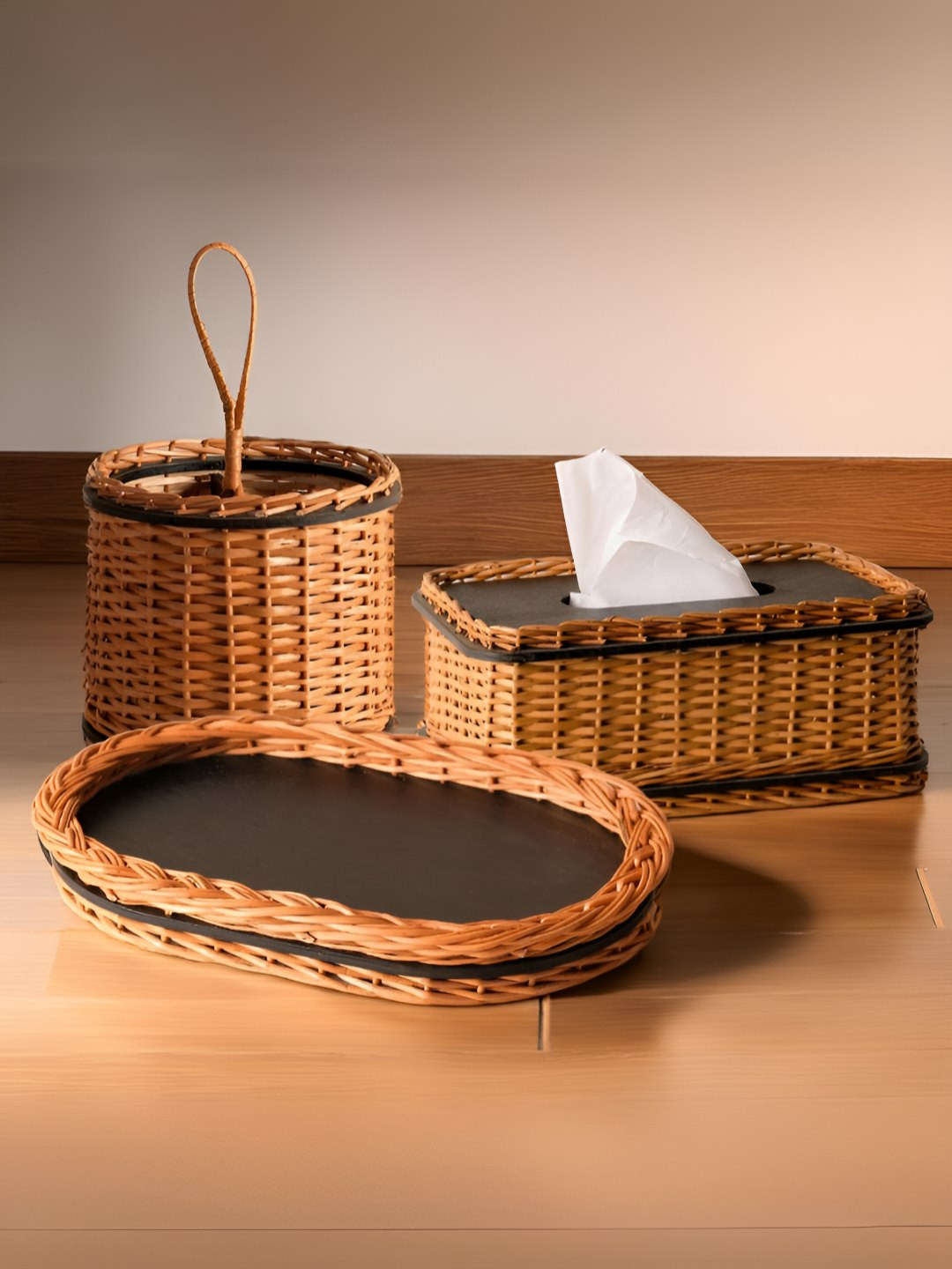 Peepul Tree  Piece of 3 Wicker Serving Tray With Cutlery Holder & Tissue Box Combo