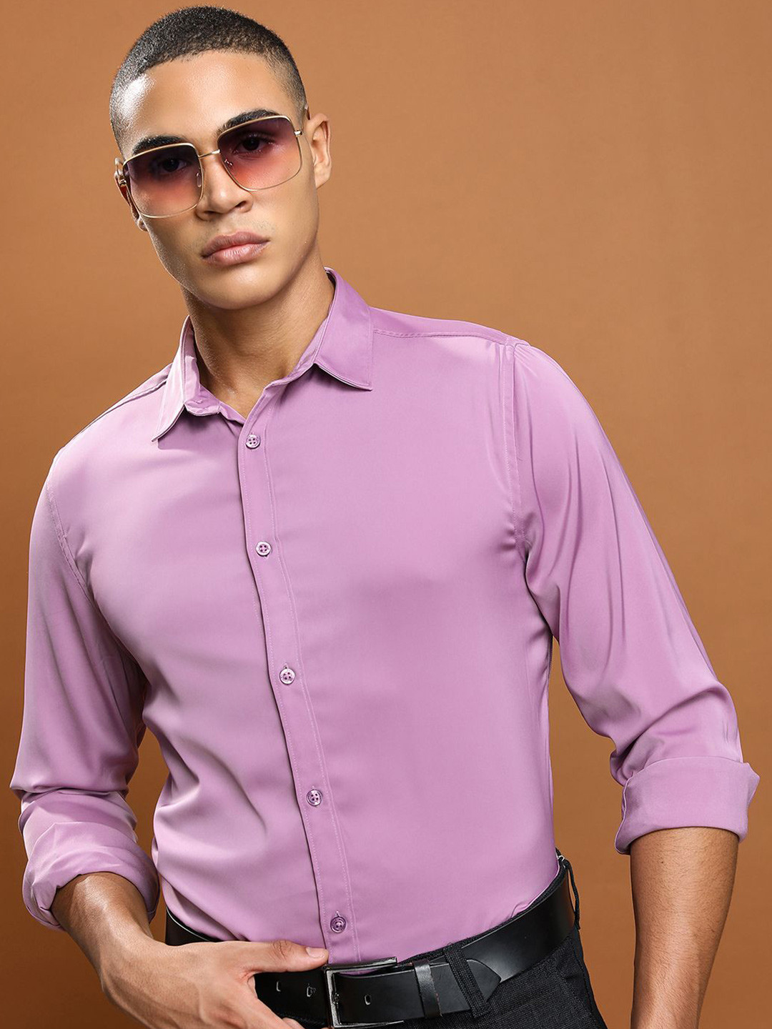 Highlander Men Solid Lavender Velvet Slim Fit Shirt