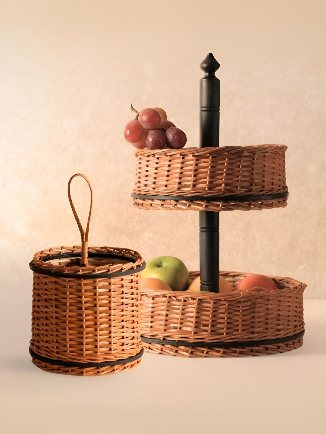 Peepul Tree 2 Pcs Wicker 2- Tier Fruit Basket & Cultery Holder Combo