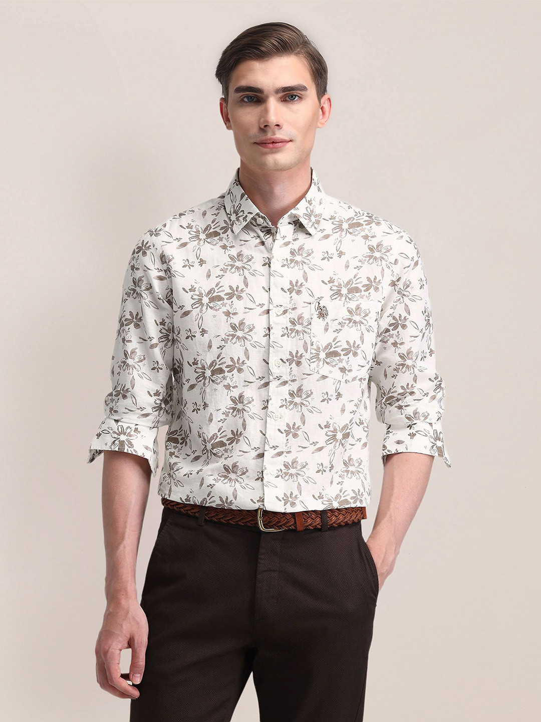 U.S. Polo Assn. Men Classic Cutaway Collar Floral Printed Cotton Formal Shirt