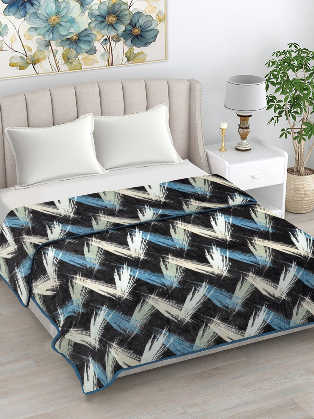Fabinaliv Black & Green Abstract Print 230 Gsm Ultra Soft Double Bed Ac Blanket