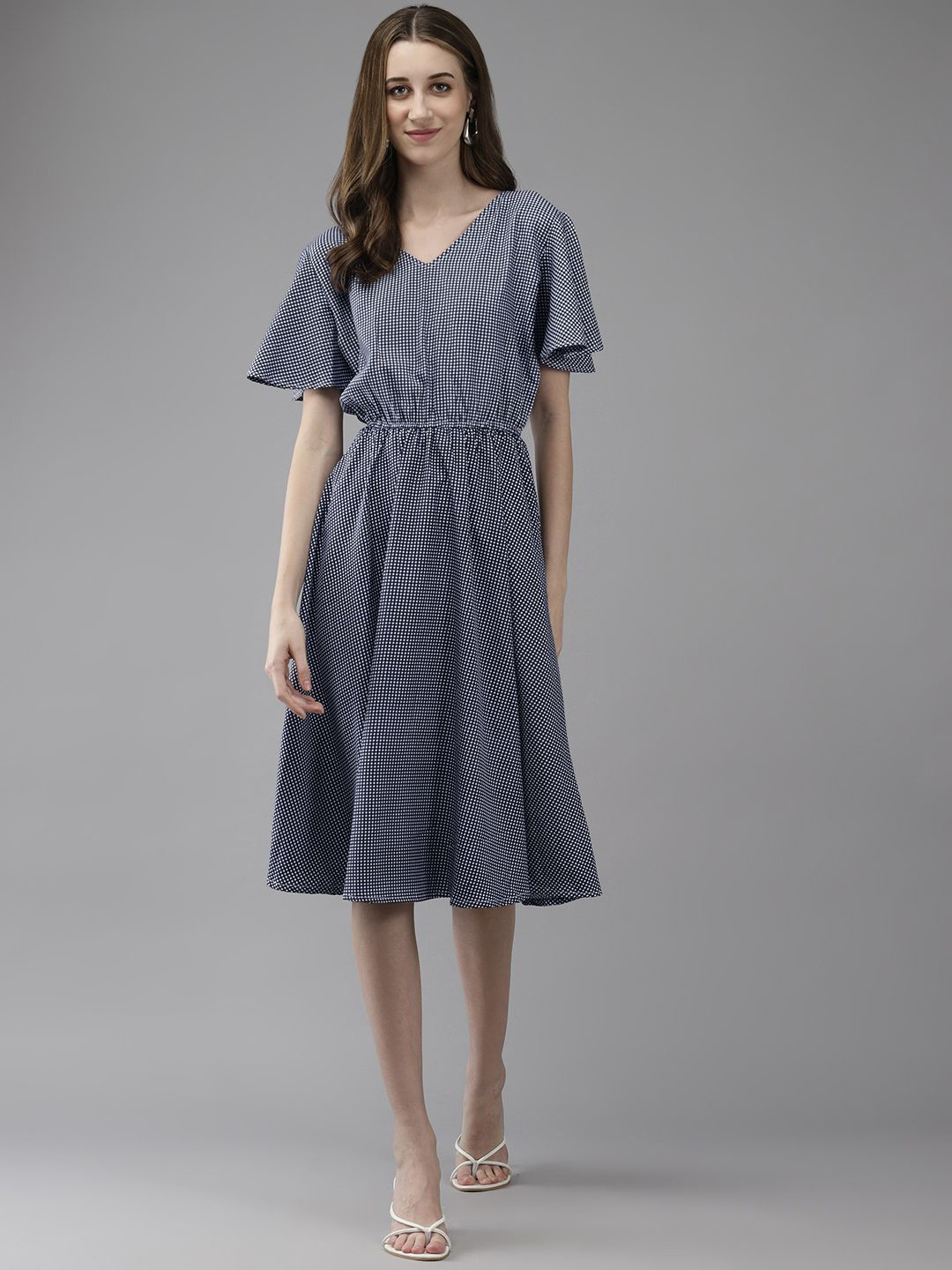 BAESD Checked Flared Sleeve Net Fit & Flare Dress