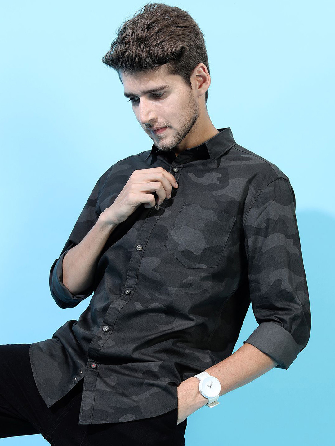 HIGHLANDER Men Printed Slim Fit Camo Poplin Shirt