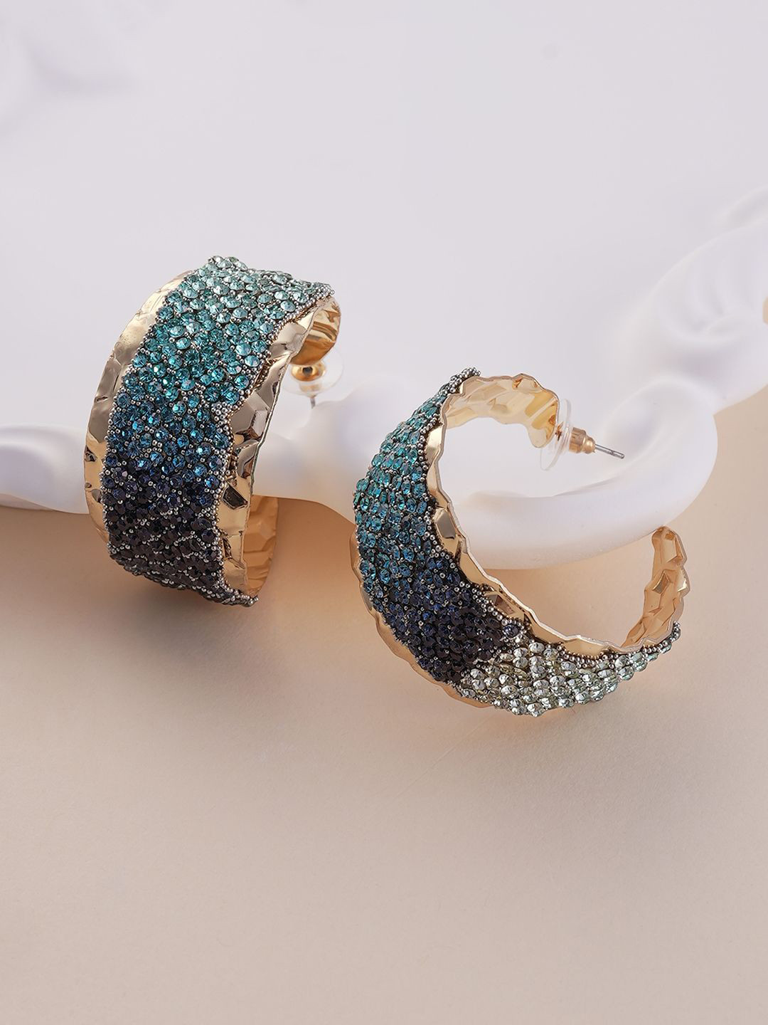 SOHI Glacier Gold-Plated Stones Studded & Beaded Half Hoop Earrings
