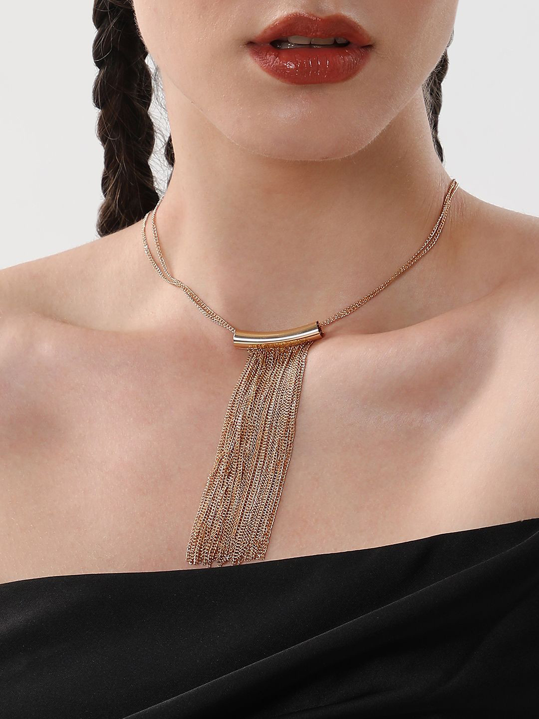 SOHI The Hanging Chain Bar Lariat Gold-Plated Necklace