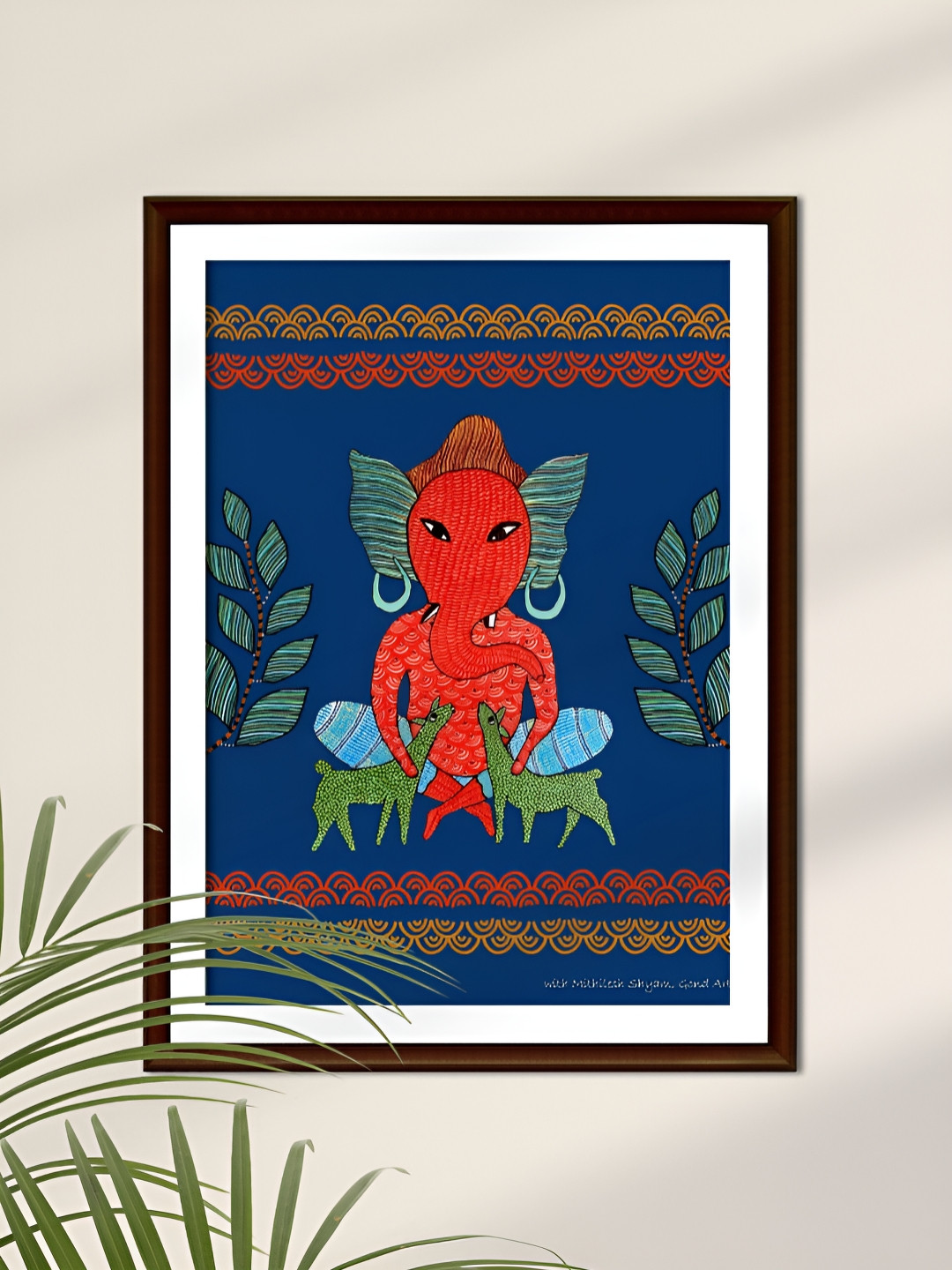 Peepul Tree Blue & Orange Art Of Forest Ganesha Religious Wall Art