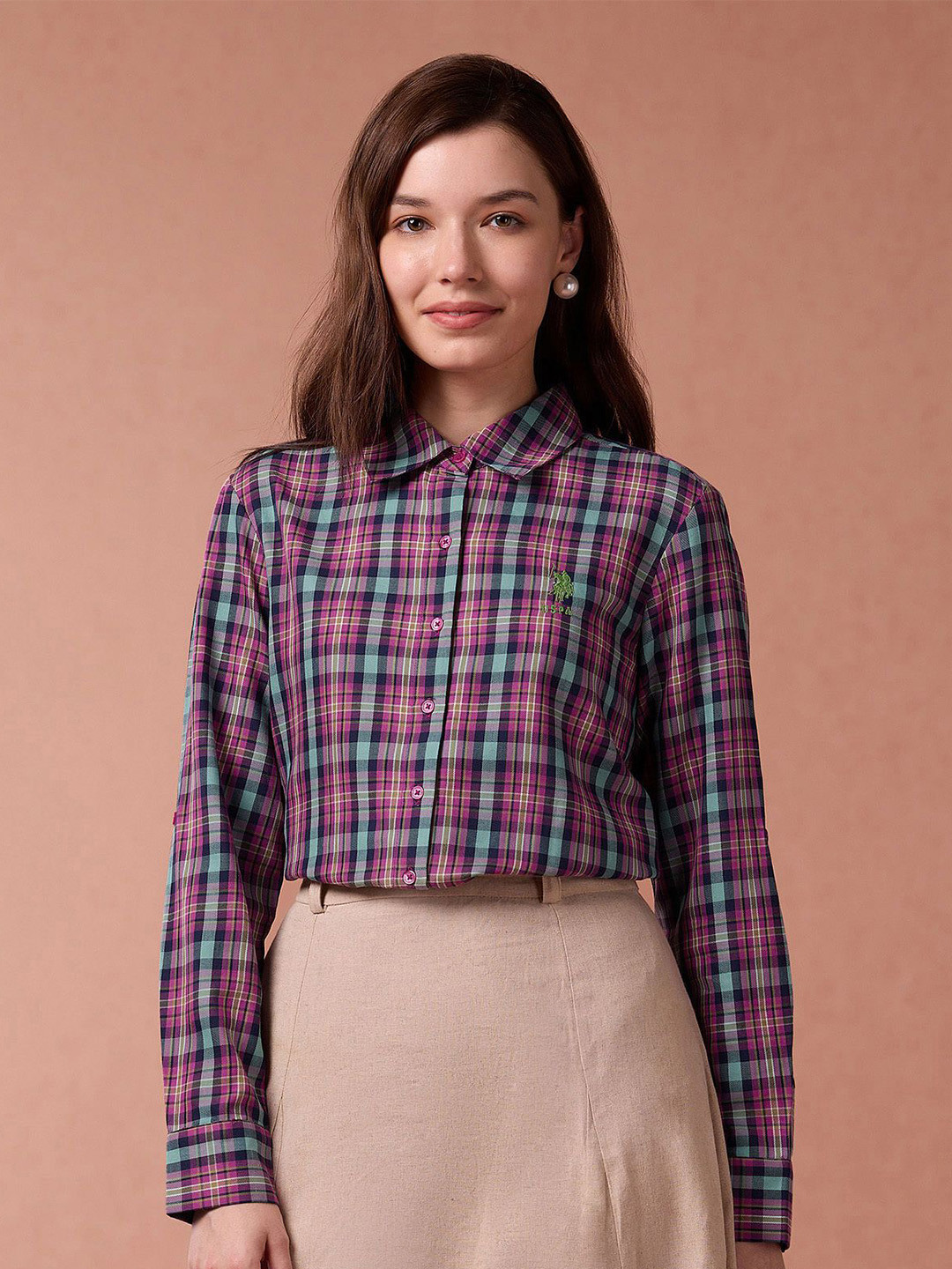 U.S. Polo Assn. Women Tartan Checked Cotton Casual Shirt