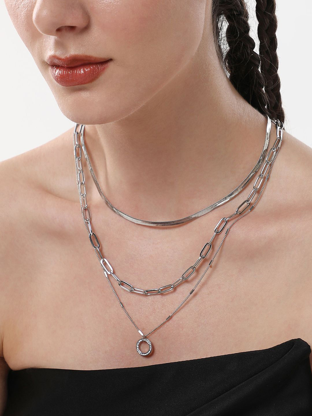 SOHI The Halo Snakechain Silver-Plated Stones Studded Layered Necklace
