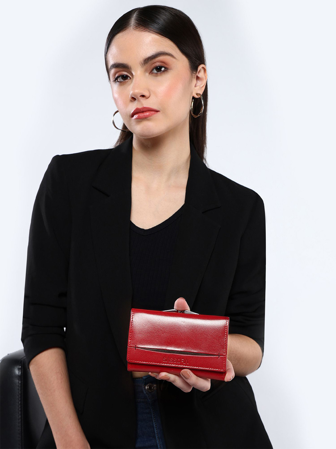 Sassora Women Cut Work Leather Three Fold Wallet