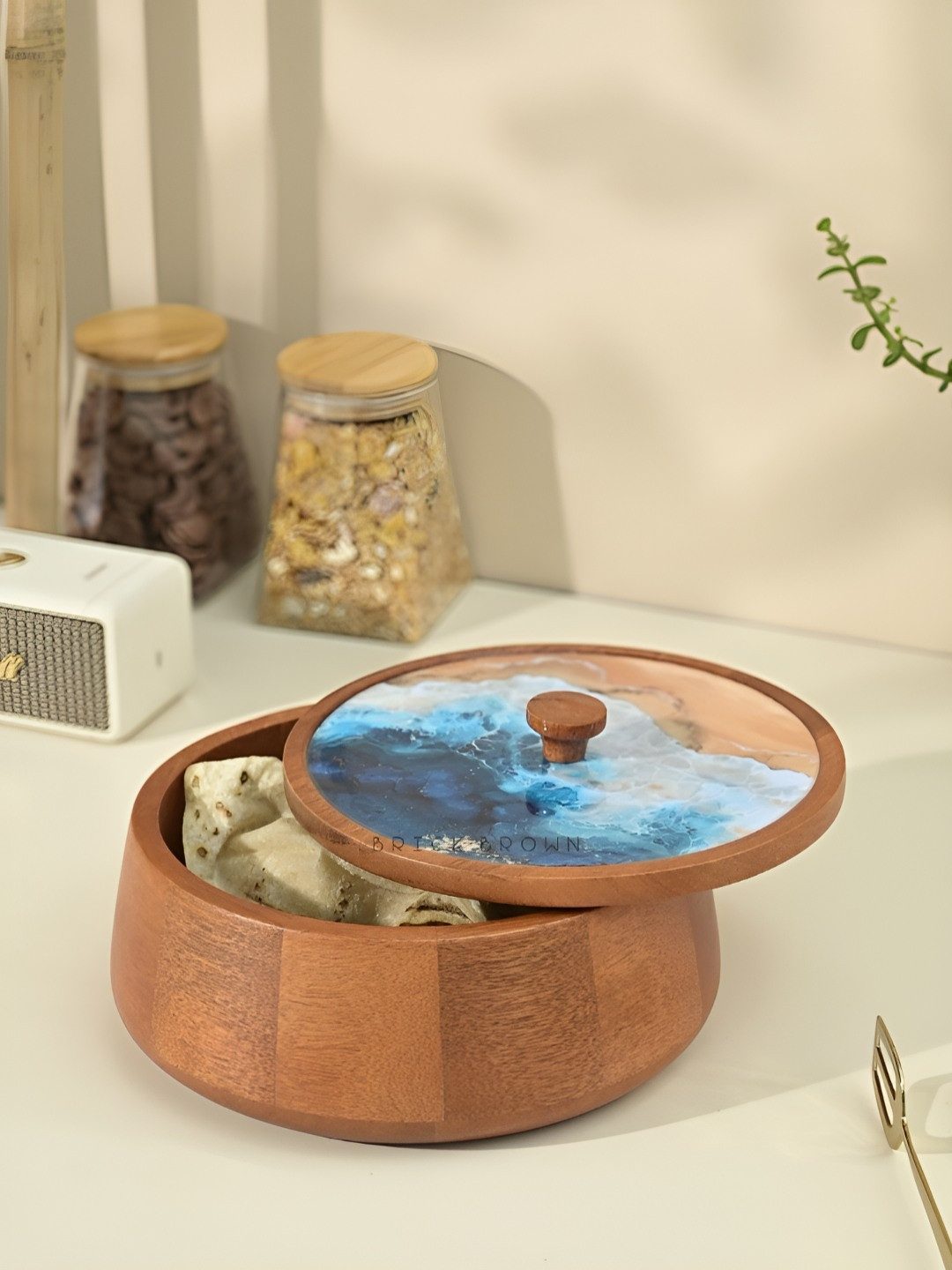 BRICK BROWN Aqua Brown & Blue Printed Wooden Cook and Serve Casserole