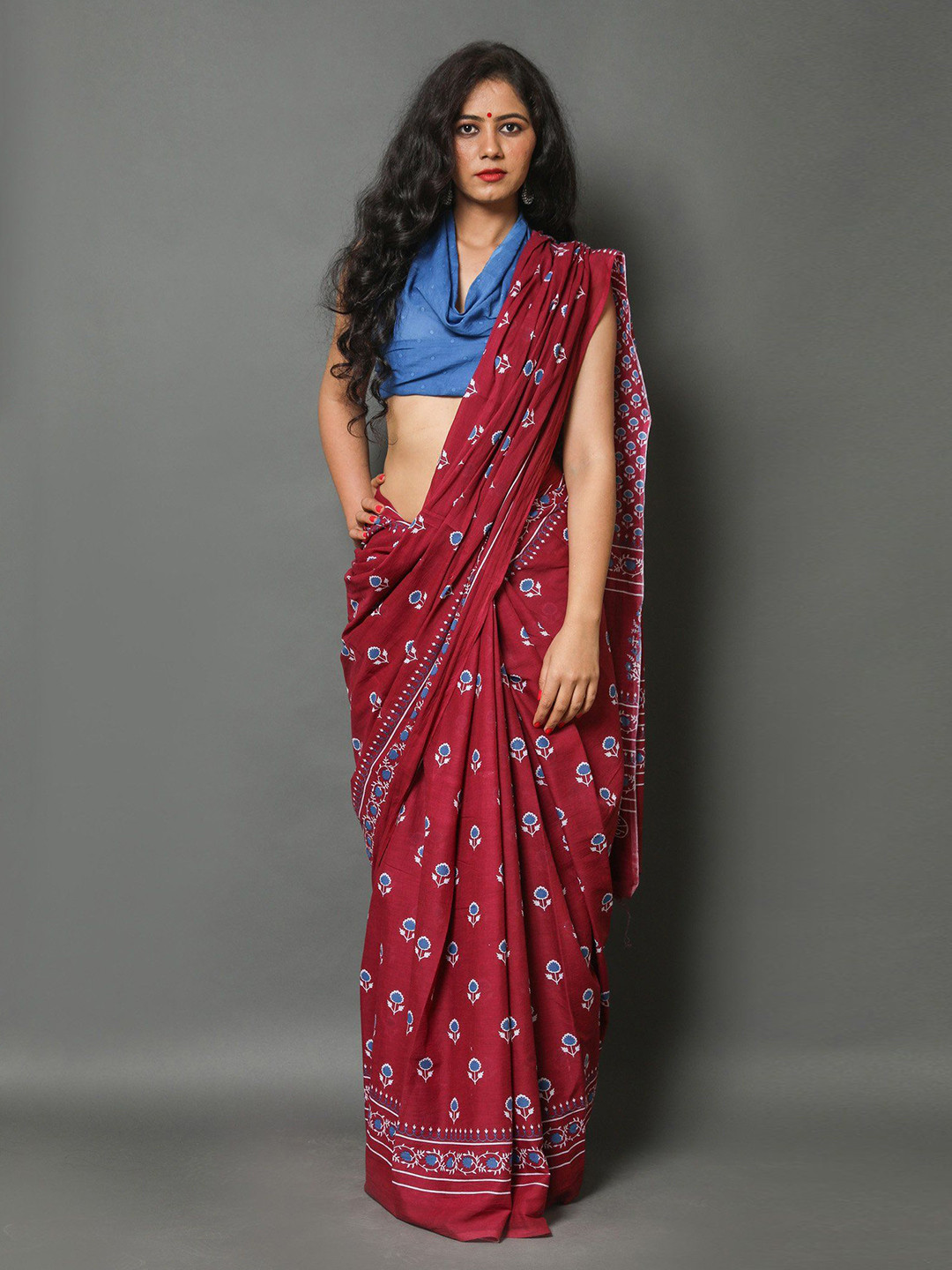 Pinkcity Trade World Floral Pure Cotton Block Print Saree