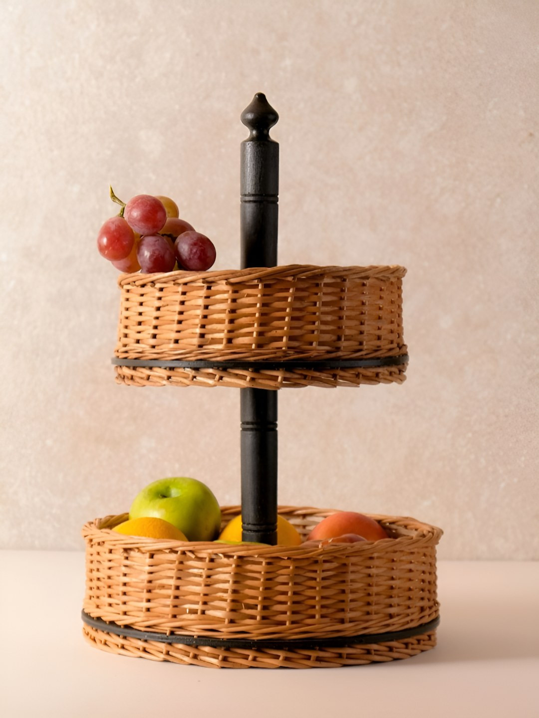 Peepul Tree Brown & Black Textured Wicker Fruit & Vegetable 2-Tier Basket