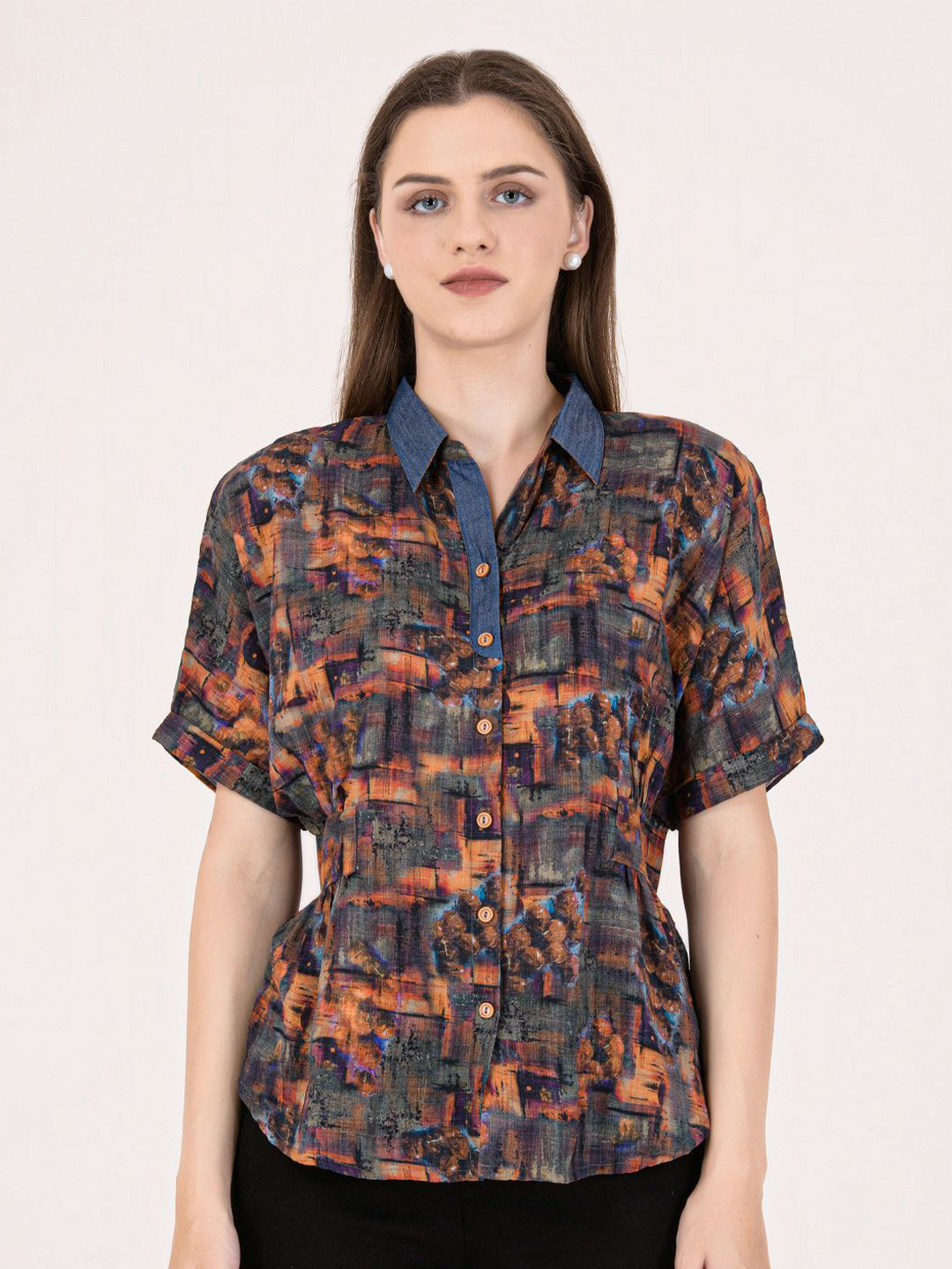Albion By CnM Women Abstract Printed Shirt Collar Top