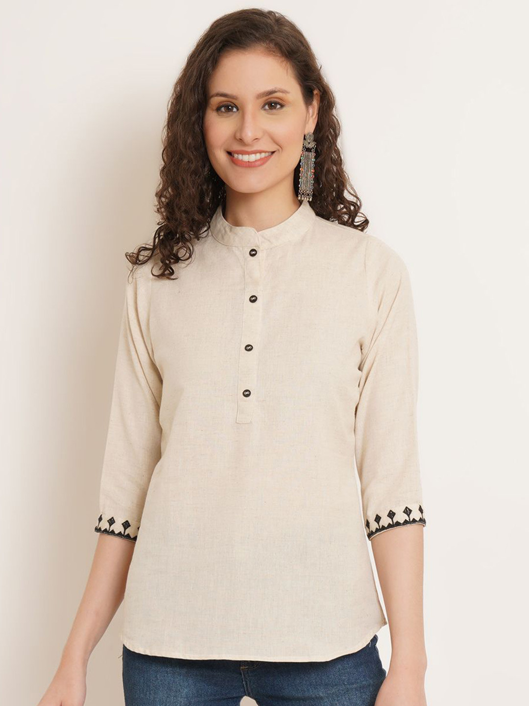 Brownverse Women Solid Mandarin Collar Cotton Top