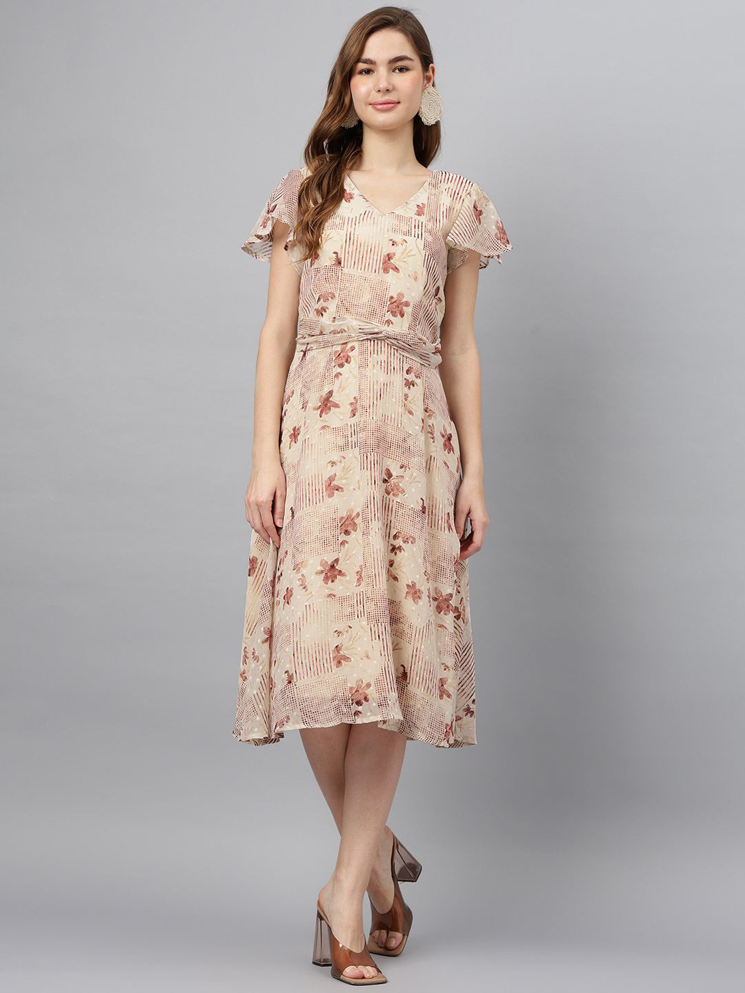 Latin Quarters Floral Print Cold-Shoulder A-Line Midi Dress