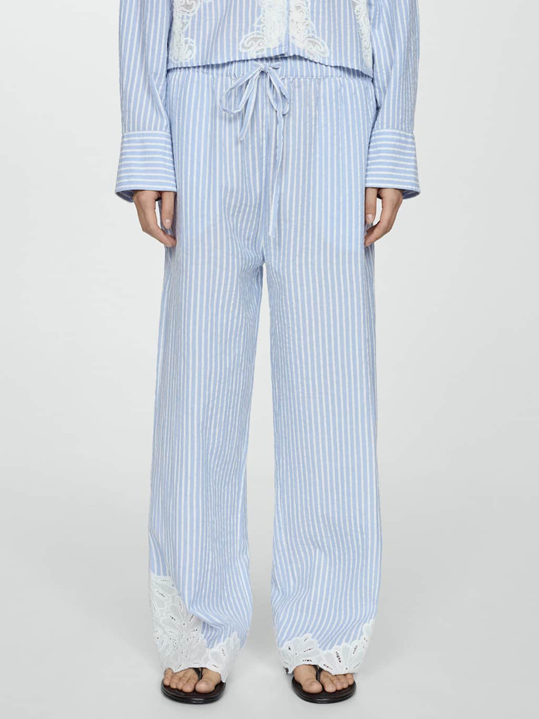 MANGO Women Schiffli Detailed Striped Pure Cotton Trousers