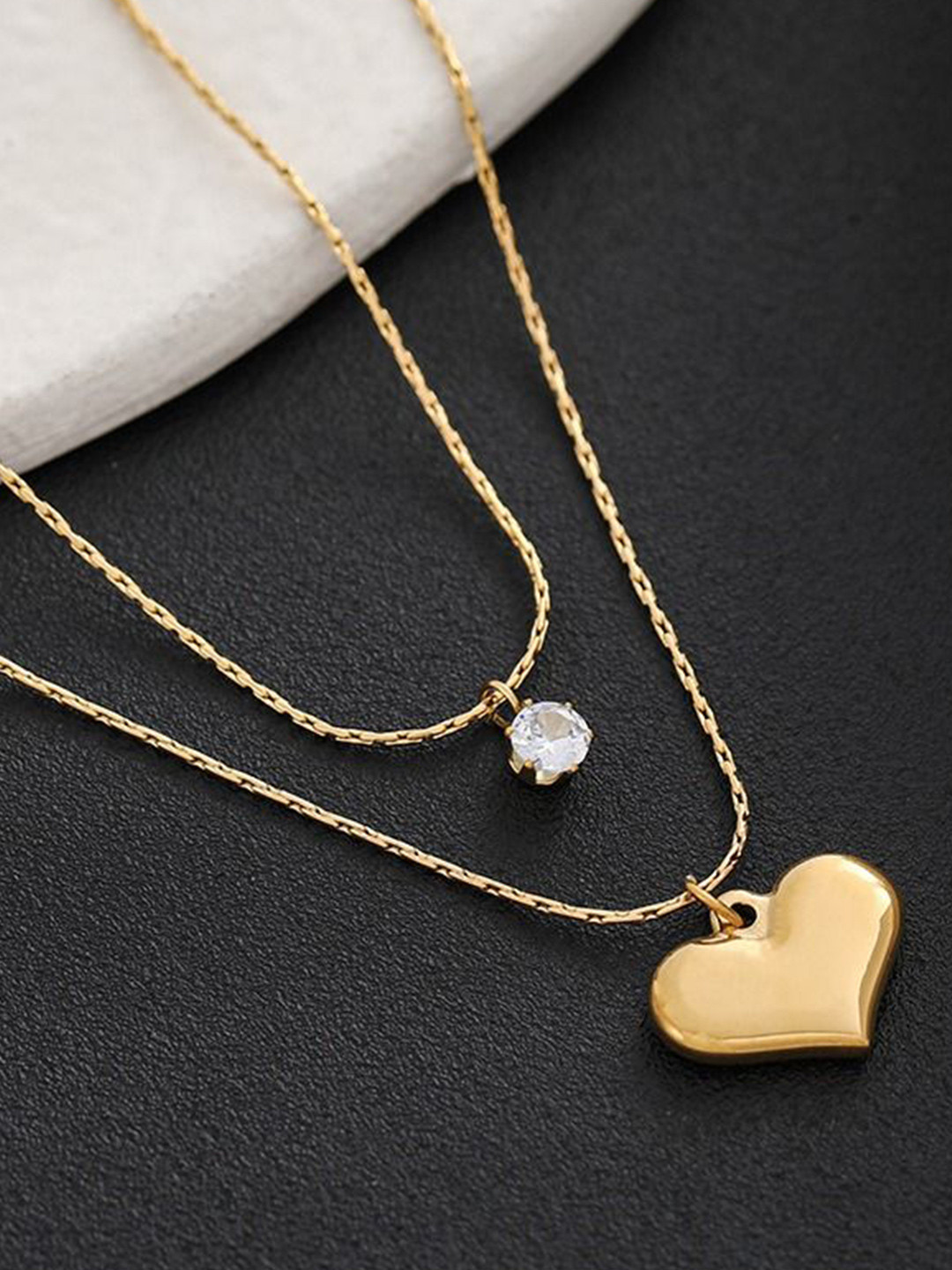 MYKI Gold-Plated Stainless Steel Heart and Crystal Studded Layered Necklace
