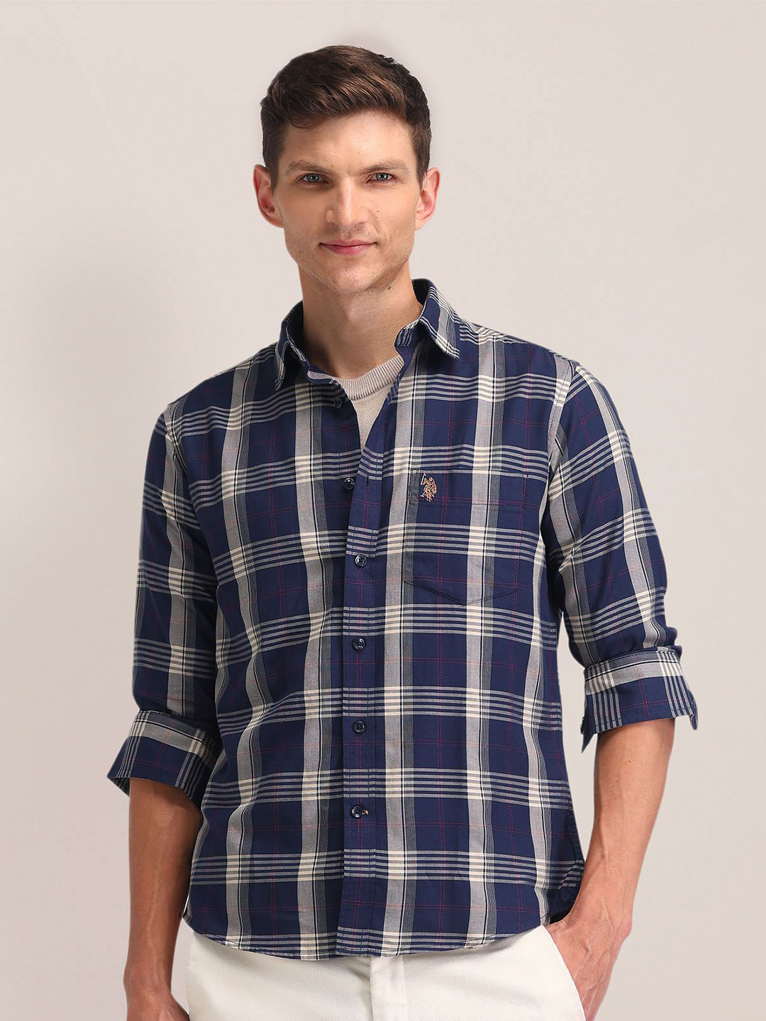 U.S. Polo Assn. Men Classic Cutaway Collar Tartan Checked Cotton Formal Shirt