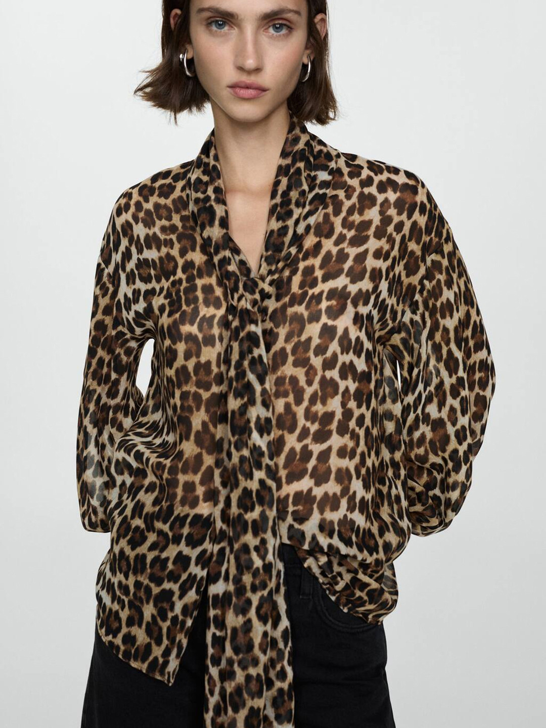 MANGO Animal Print Tie-Up Neck Top