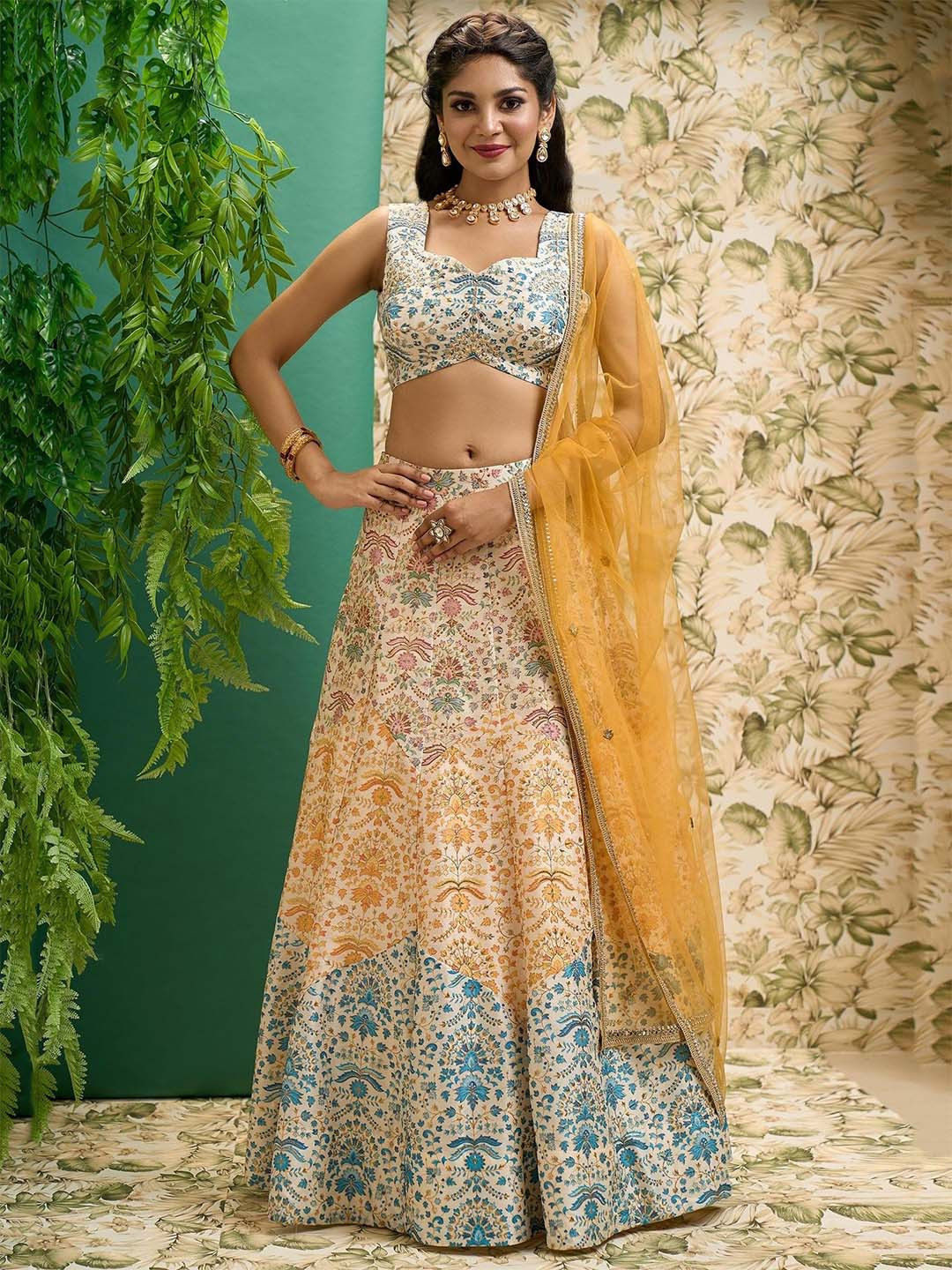 FABPIXEL Embroidered Square Neck Semi Stitched Lehenga & Unstitched Blouse With Dupatta
