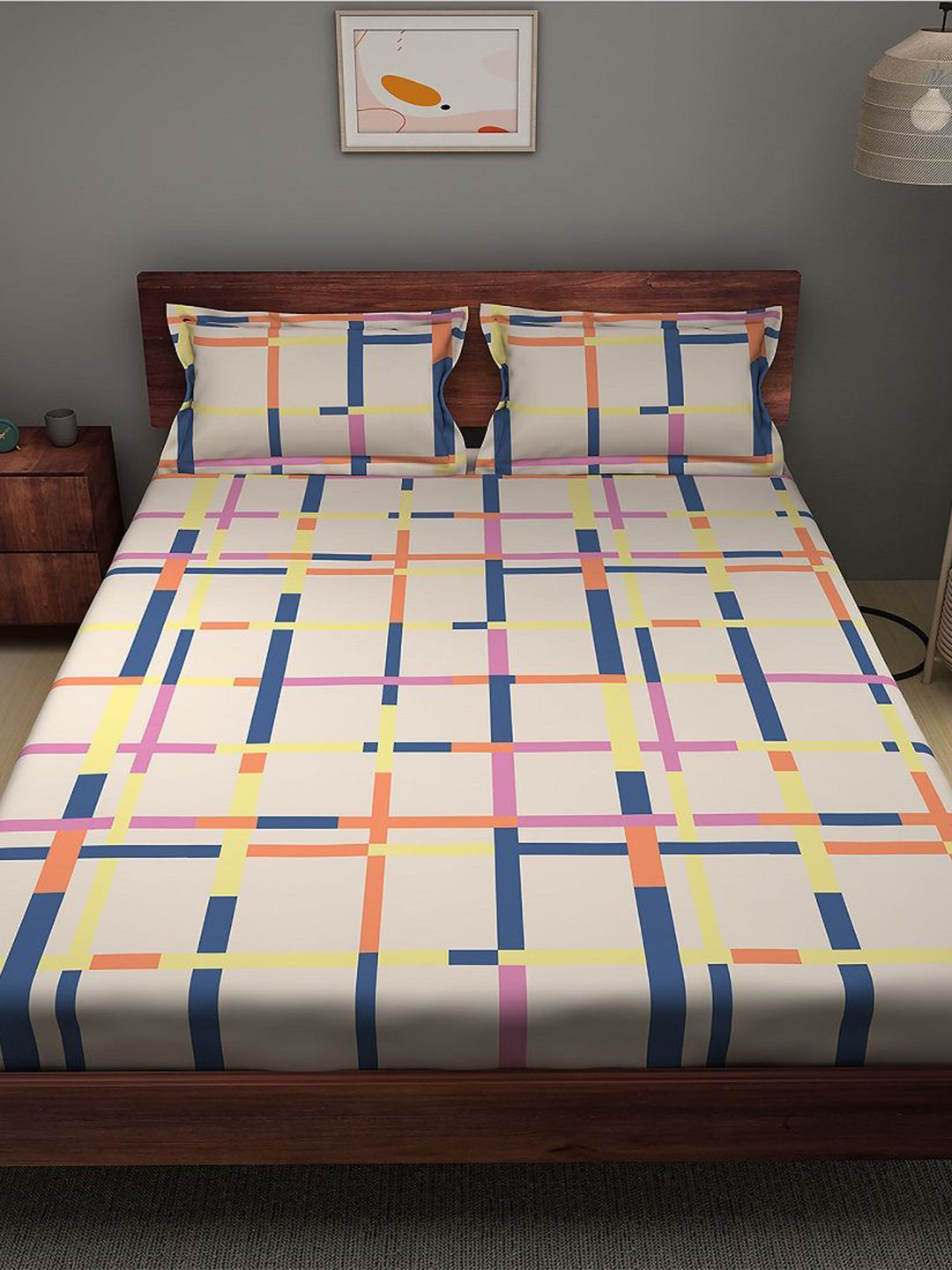 Sleepyhead Tetris Off White Geometric Pure Cotton 144 TC Fitted Queen Bedsheet with 2 Pillow Covers-90 x 100 inches
