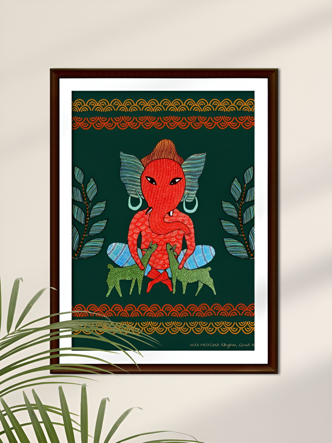 Peepul Tree Green & Orange Art Of Forest Ganesha Religious Wall Art