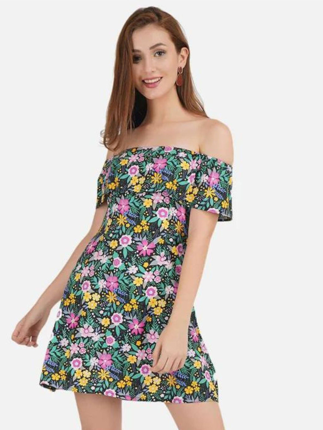 DESIGNS BY QUEEN BEE Floral Printed Off-Shoulder A-Line Mini Dress